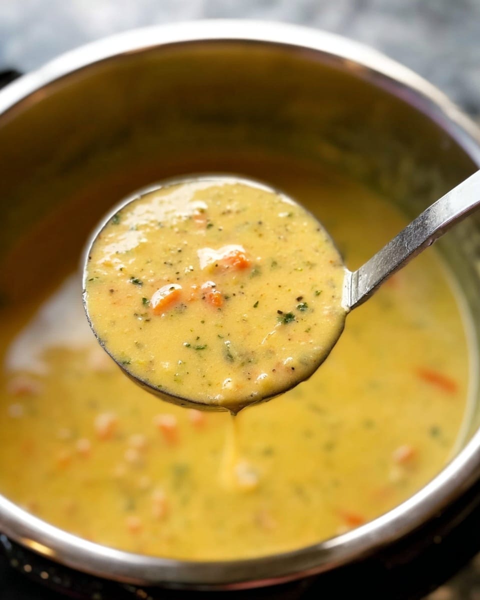 A close-up image shows a ladle lifting thick, creamy yellow soup with small bits of orange carrot and green herbs mixed throughout. The soup has a smooth but chunky texture. The ladle is held above the inside of a metal pot which also contains the same soup, slightly blurred in the background. The overall scene is set on a white marbled texture. photo taken with an iphone --ar 4:5 --v 7