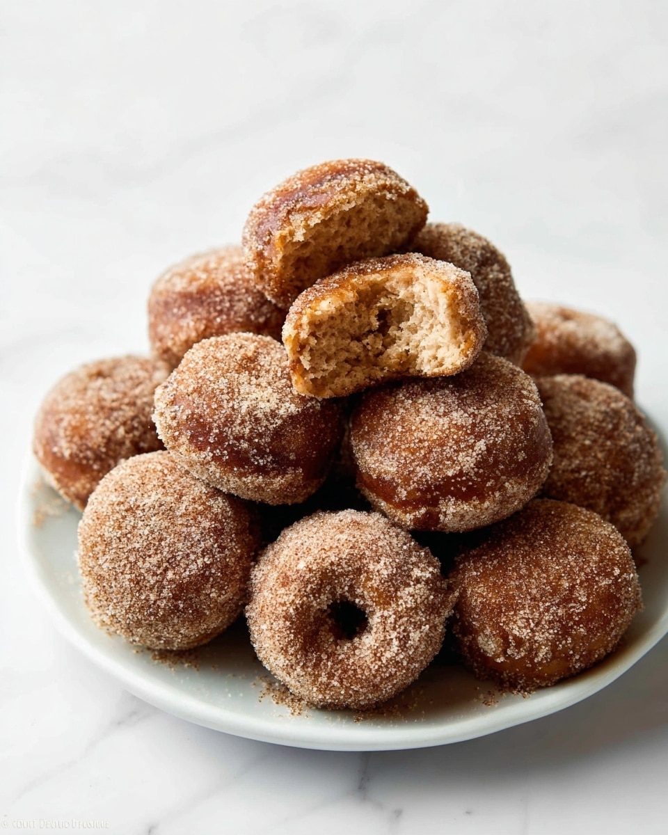 A white plate full of small round donuts stacked in a pile, each donut covered in a light layer of cinnamon sugar. The donuts have a brown color with a rough texture from the sugar coating. One donut is broken into pieces, showing a soft, slightly crumbly inside. The plate is set against a white marbled background. photo taken with an iphone --ar 4:5 --v 7