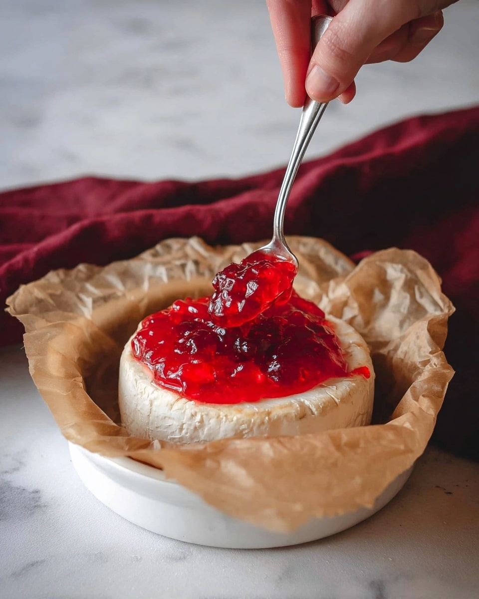 A round white cheese with a soft, creamy texture sits in the middle of a white dish lined with crumpled brown parchment paper. On top of the cheese is a bright red jelly with a chunky and shiny texture, being placed by a small silver spoon held by a woman's hand coming from the top of the image. The background is a white marbled texture with a soft, diffused light creating gentle shadows. A folded dark red cloth is visible behind the dish photo taken with an iphone --ar 4:5 --v 7