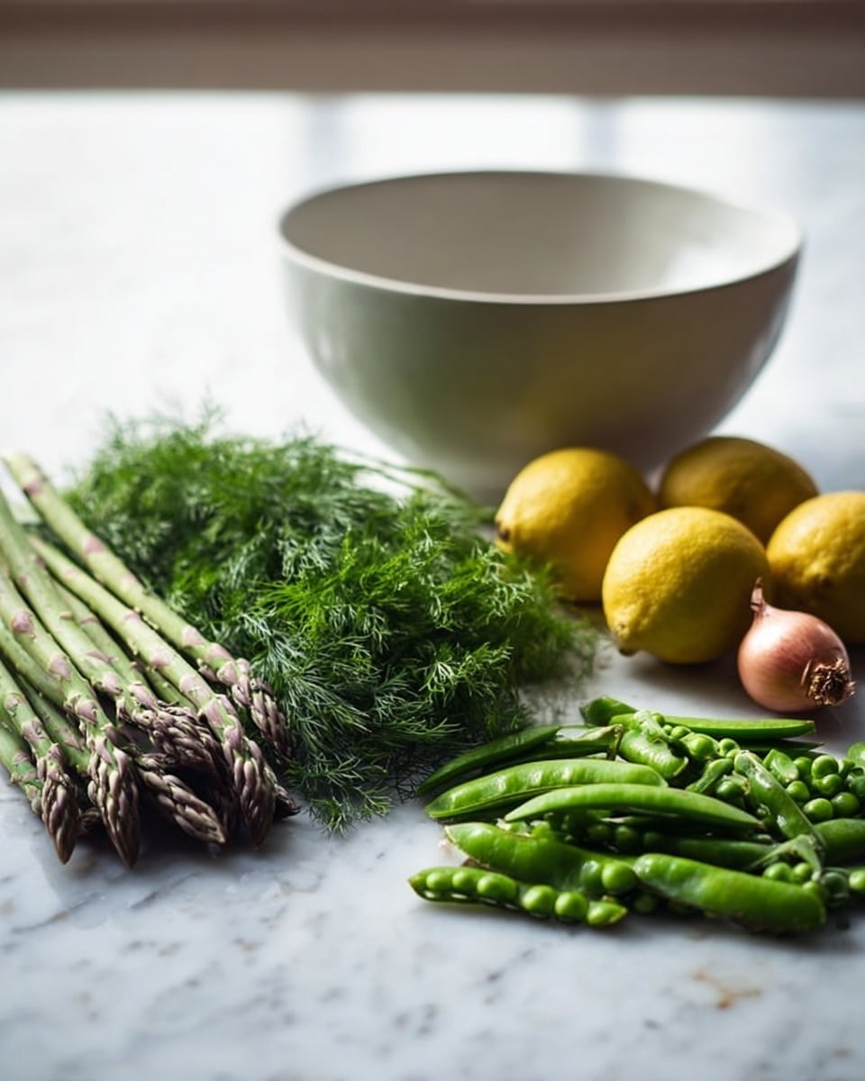 On a white marbled surface, there is a white bowl placed in the background with a smooth, rounded shape and a wide opening. In front of the bowl, from left to right, a bunch of green asparagus spears with purple hues at the tips, a pile of fresh green snap peas, a small bunch of dill with thin feathery leaves, a single shallot with a reddish skin, and three bright yellow lemons sitting closely together. The lighting is soft and natural, coming from a window behind, creating gentle shadows and a calm atmosphere. Photo taken with an iphone --ar 4:5 --v 7