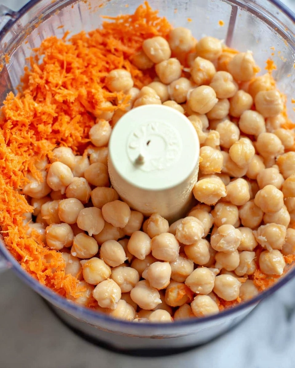 The image shows a close-up view inside a clear food processor bowl filled with whole round chickpeas. The chickpeas are light beige in color and cover most of the processor's white central blade. Around the inner wall of the bowl, there is a layer of finely grated bright orange carrot stuck to the sides. The background surface is a white marbled texture. Photo taken with an iphone --ar 4:5 --v 7
