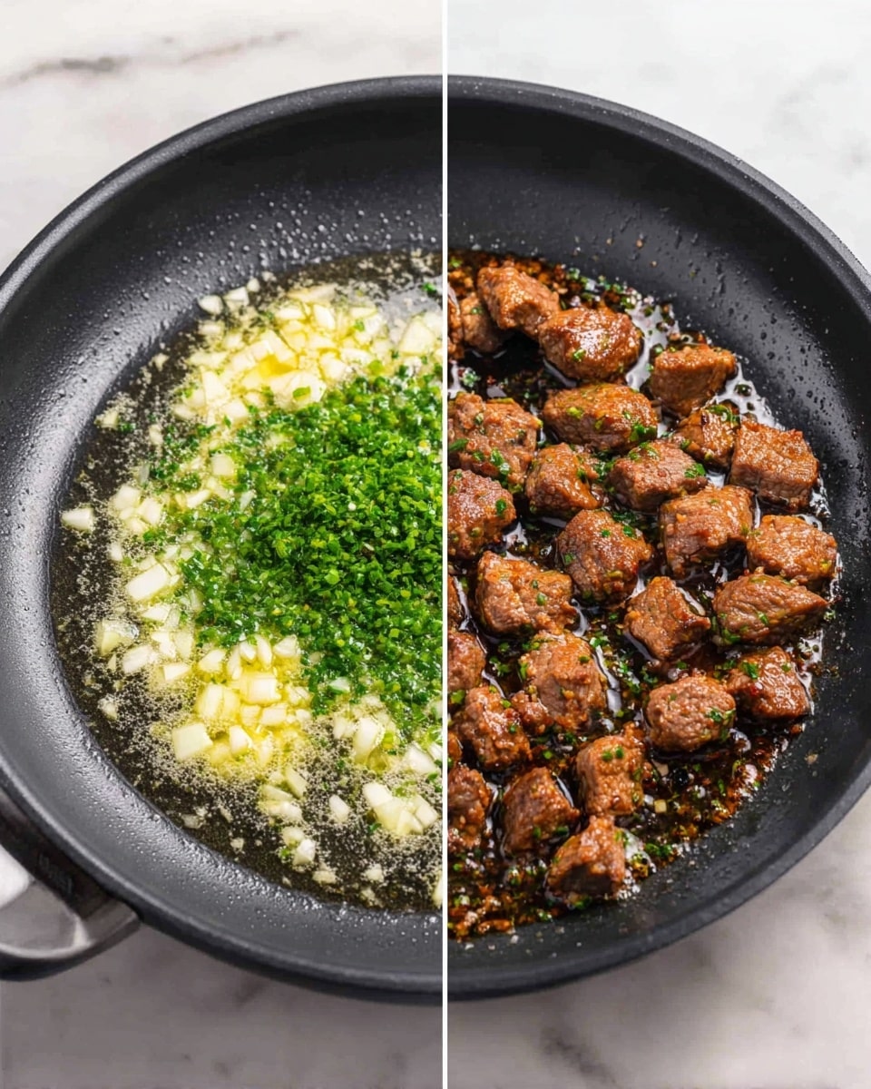 The image shows two side-by-side views inside a black frying pan on a white marbled surface. On the left, the pan contains melted butter with small pieces of chopped garlic and bright green chopped herbs in the center. On the right, browned small meat chunks are added over the garlic and herbs, creating a rich brown and green mix on the shiny butter base inside the pan. The pan’s texture is smooth and non-stick looking, with slight gloss from the butter. photo taken with an iphone --ar 4:5 --v 7