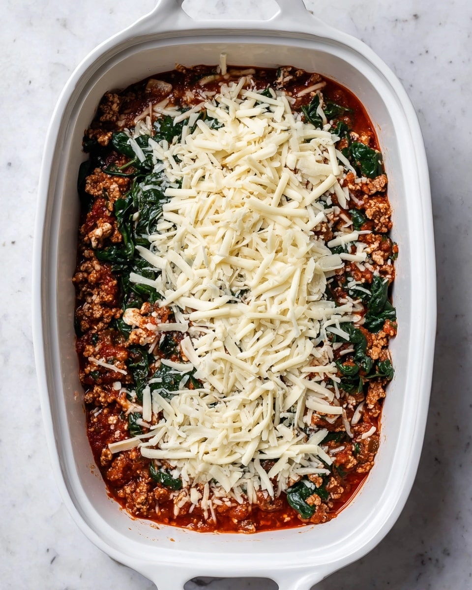 The image shows a white baking dish filled with a layered mixture. The bottom layer is a chunky red tomato sauce mixed with cooked ground meat and wilted dark green spinach scattered evenly. On top of this is a layer of shredded pale mozzarella cheese unevenly spread. The white baking dish handle is visible, and the whole dish sits on a white marbled surface. photo taken with an iphone --ar 4:5 --v 7
