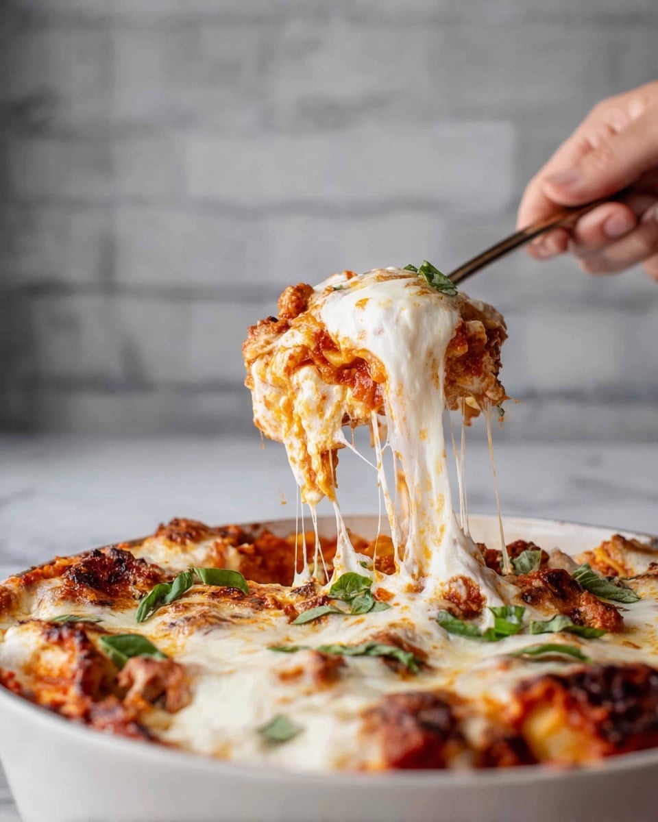 A close-up of a slice of lasagna being lifted from a white round dish, showing three layers: a bottom layer of pasta with red tomato sauce, a middle thick layer of melted white cheese stretching upward, and green basil leaves scattered on top. The lasagna has a golden-brown bubbly cheese crust with some white creamy spots and small bits of meat mixed in the sauce. A woman's hand holds a fork lifting the slice above the dish, set on a white marbled surface with a soft gray brick wall background. Photo taken with an iphone --ar 4:5 --v 7
