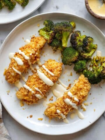 Potato Chip Crusted Chicken Fingers with Ranch and Roasted Broccoli Recipe