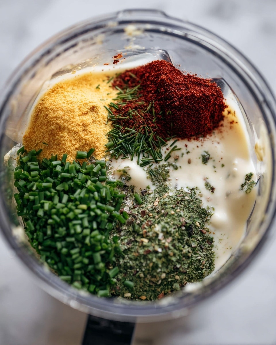 The image shows a clear blender cup filled with several ingredients that form visible layers and sections. The base layer is a creamy white sauce-like substance. On top of it, there are different powders and herbs stacked in zones: bright yellow powder on the left side, dark red powder below it, fresh chopped green chives in the upper right corner, and a dense layer of finely chopped green herbs mixed with black pepper in the lower right corner. The cup is placed on a white marbled surface. The photo taken with an iphone --ar 4:5 --v 7