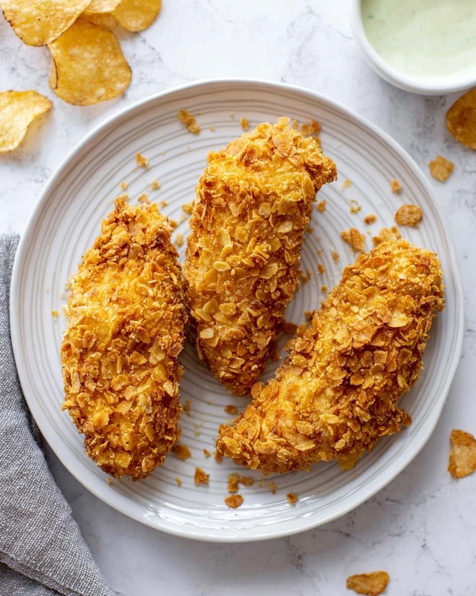 Three golden-brown fried chicken tenders are placed on a white plate with a subtle swirl pattern around the edges. Each tender has a rough, crispy coating made of large, crunchy flakes that give a textured and uneven look. The pieces are arranged in a loose triangular shape with crunchy crumbs scattered on the plate. The white plate sits on a white marbled surface, with a few potato chips and a folded gray cloth napkin near the top left corner. On the top right edge of the image, a small part of a white bowl filled with a creamy greenish sauce is visible. Photo taken with an iphone --ar 4:5 --v 7