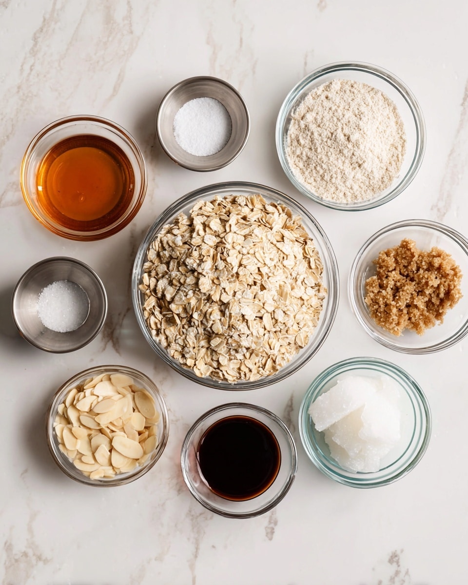 The image shows seven clear glass bowls and one small metal bowl arranged on a white marbled surface. At the center is a large bowl filled with beige rolled oats. Above it, slightly to the left, is a glass bowl with light flour, and next to it on the right is another glass bowl with brown sugar. To the right of the oats is a glass bowl filled with white solid coconut oil. Below the coconut oil is a small glass bowl containing dark vanilla extract. Below the oats, slightly left, is a glass bowl with amber-colored maple syrup. To the left of the syrup is a glass bowl filled with pale beige sliced almonds. Above the sliced almonds, there is a small metal bowl holding white salt. The bowls form a neat group on the white marbled background. photo taken with an iphone --ar 4:5 --v 7