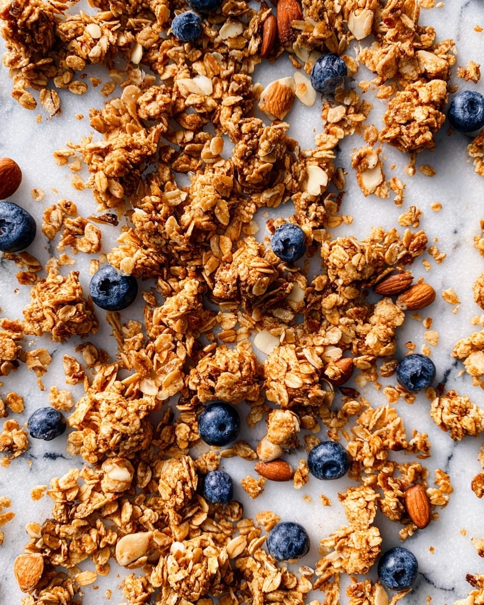 The image shows many clusters of golden brown granola scattered across a white marbled surface. The granola pieces are uneven in size, with visible oats, sliced almonds, and nuts giving a rough, crunchy texture. Among the granola clusters, small round blueberries add deep blue pops of color, evenly spread throughout the composition. The bright white marbled background contrasts with the warm tones of the granola and the cool blue of the berries, making the elements stand out clearly. photo taken with an iphone --ar 4:5 --v 7