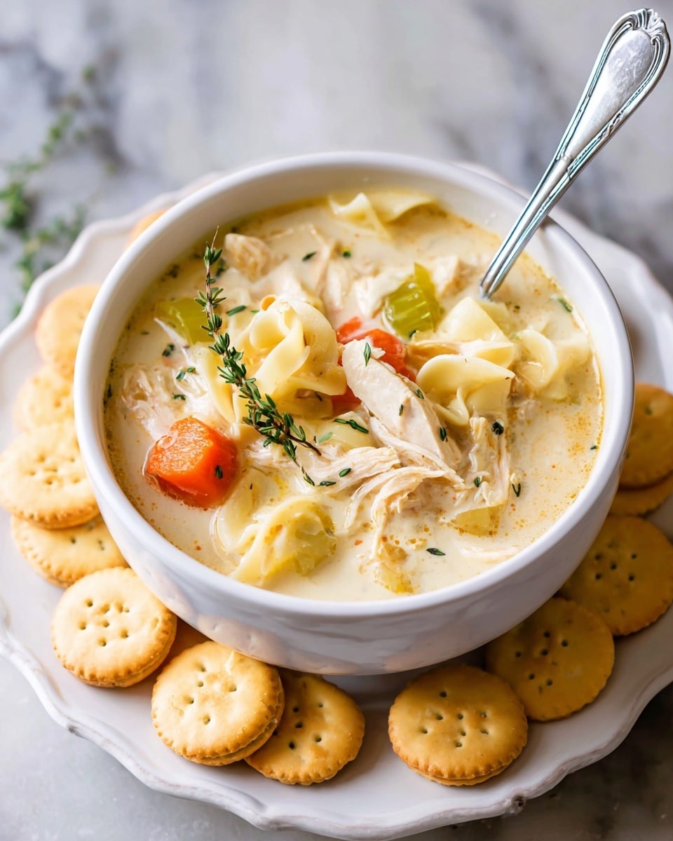A white bowl filled with creamy chicken soup sits on a white plate covered with small round golden crackers. The soup has visible shredded white chicken meat, thick light orange carrot slices, pale green celery pieces, and wide egg noodles. A fresh green sprig of thyme lays on top of the soup. The bowl holds a silver spoon standing upright. The scene is set on a white marbled surface. photo taken with an iphone --ar 4:5 --v 7