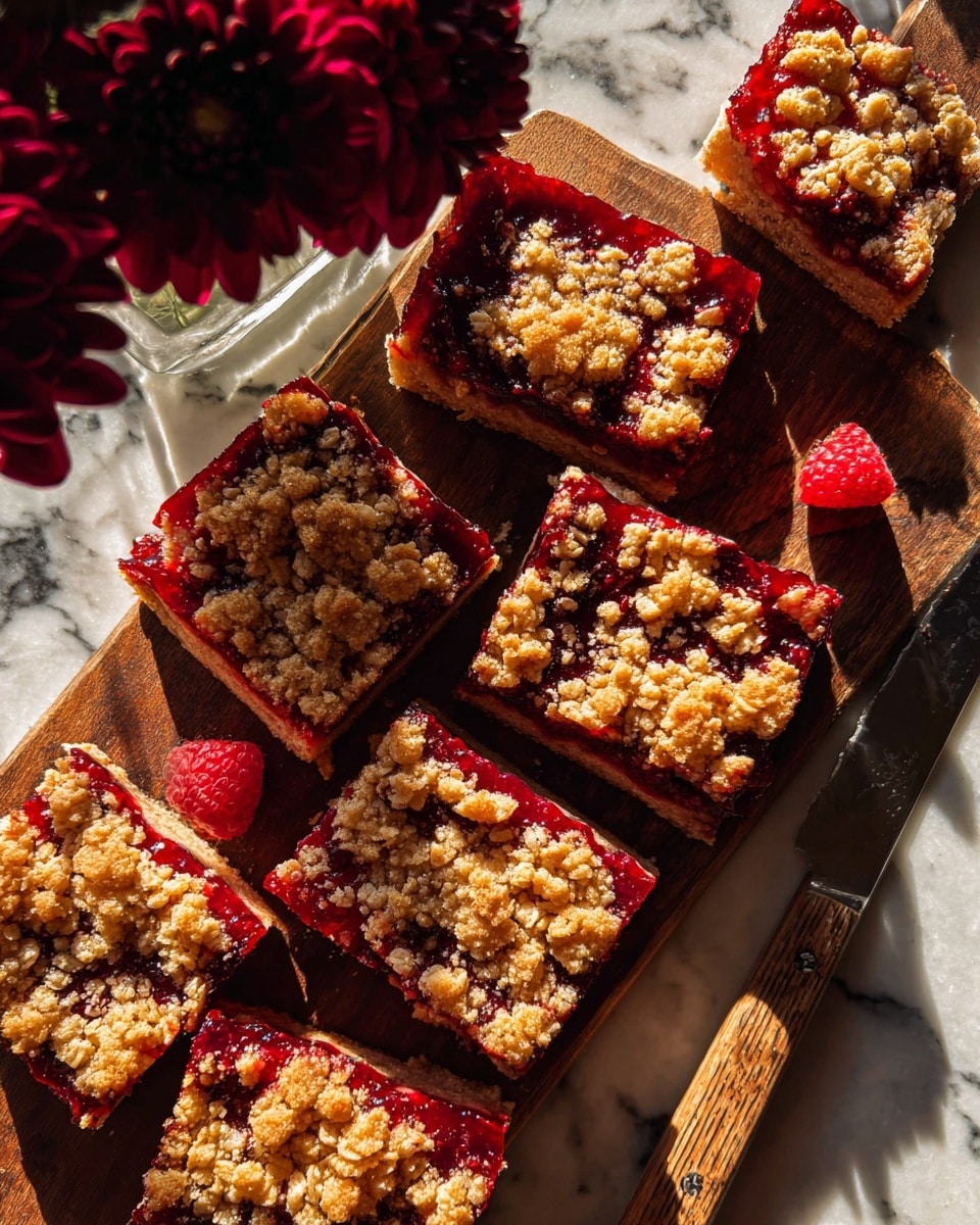 The image shows nine square pieces of a crumbly dessert bar with a golden brown crust layered with dark red jam-like filling, featuring scattered pieces of whole berries that make the top look uneven and textured. The bars are arranged on a sheet of parchment paper placed on a white marbled surface. To the left, there are three large bright red flowers, and below the bars, a knife with a wooden handle rests on the marble surface, catching soft light and shadows. Photo taken with an iphone --ar 4:5 --v 7