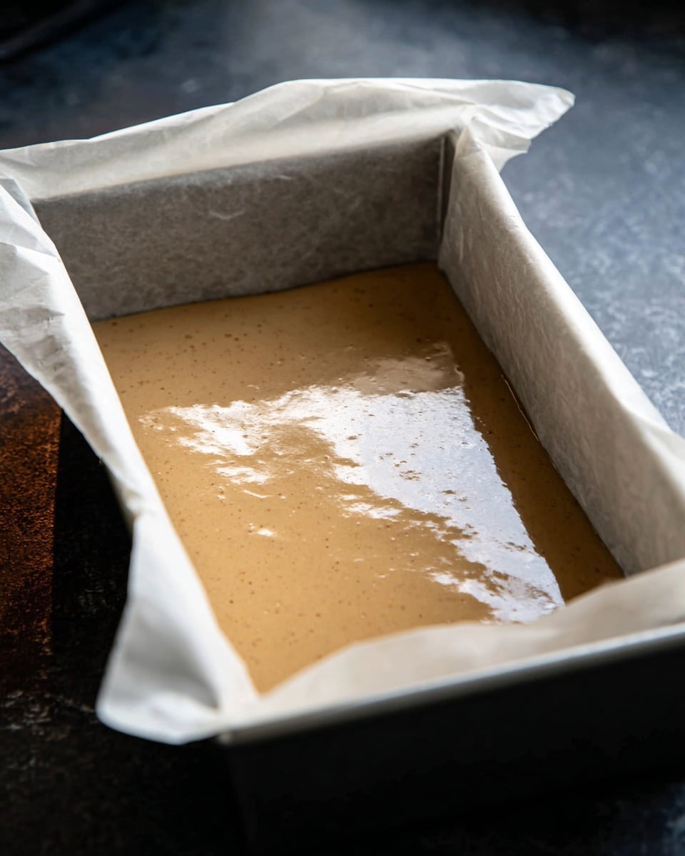 This image shows a metal baking pan lined with white parchment paper, filled with a smooth, light brown batter that has a creamy texture and a few tiny bubbles on the surface, reflecting soft light with shiny highlights. The baking pan is placed on a dark surface with a slight texture. The batter layer is even and fills the pan about halfway up the sides. Photo taken with an iphone --ar 4:5 --v 7
