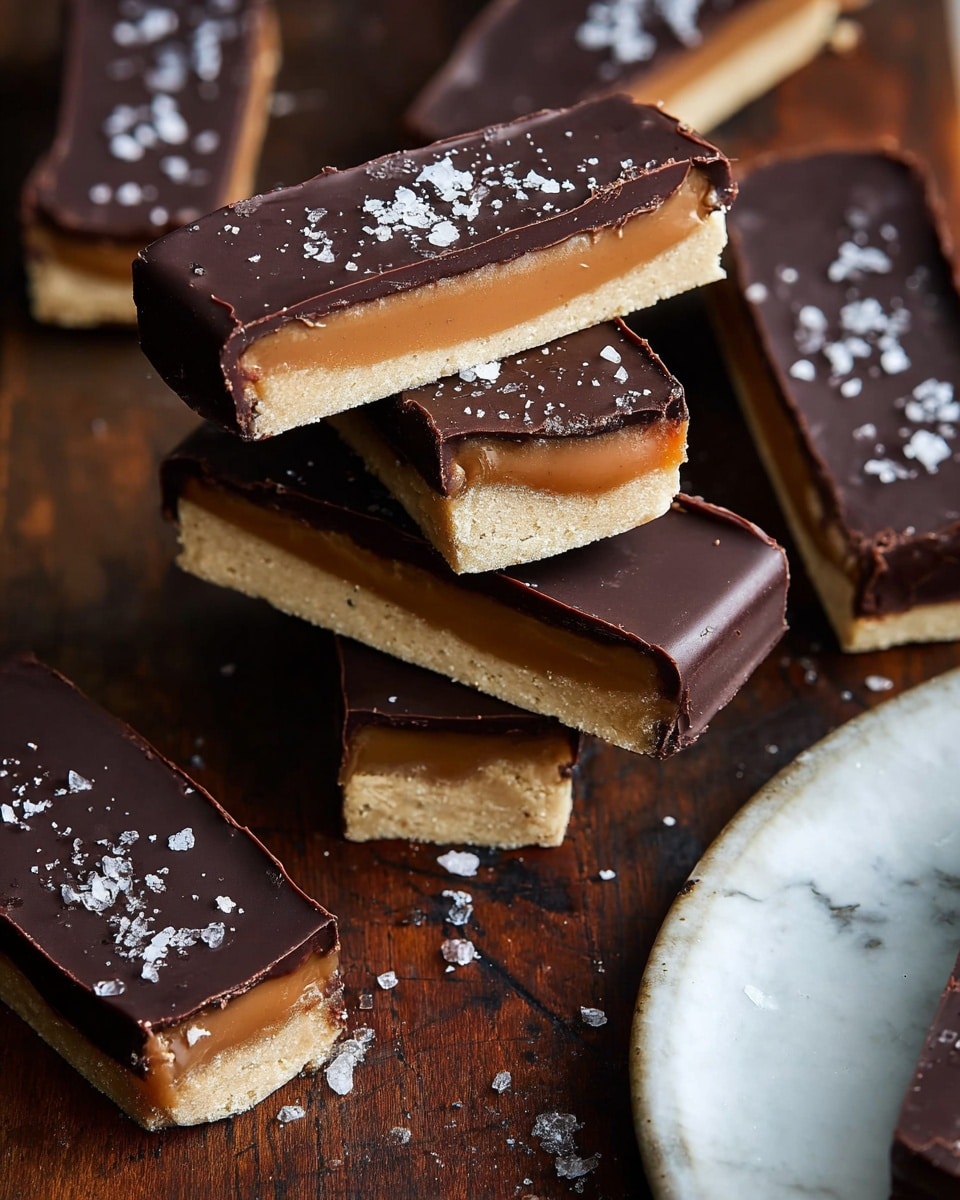 Several chocolate bars are stacked on a dark wooden surface with a white marbled texture visible at the edge. Each bar has three layers: a smooth dark chocolate layer on the outside, a middle light brown caramel layer, and a bottom pale beige cookie layer. Some bars are broken in half, showing the layers inside clearly. The tops of the bars have small flakes of white sea salt sprinkled on them. A small part of a white round plate holding additional bars is on the right side of the image. Photo taken with an iphone --ar 4:5 --v 7