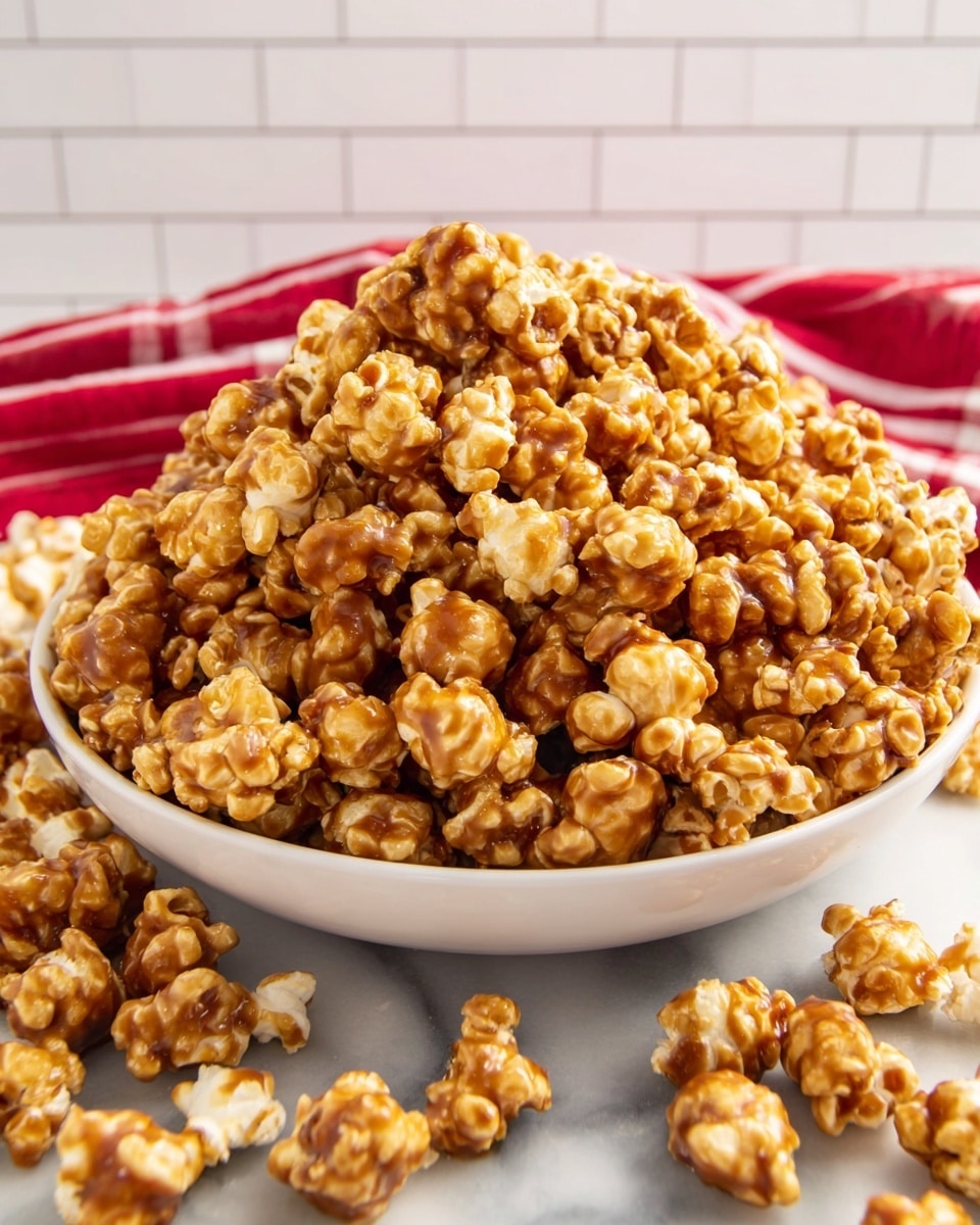 A close-up view of a white bowl filled with caramel popcorn, where the popcorn pieces have a shiny, rich brown caramel coating mixed with parts of the white popcorn showing through. Around the bowl, a few pieces of popcorn are scattered on a white marbled surface. In the background, there is a glass bowl filled with light brown sugar and a wrapped stick of butter lying flat. The colors mainly include golden brown, creamy white, and light tan, all set against the white marbled texture. photo taken with an iphone --ar 4:5 --v 7