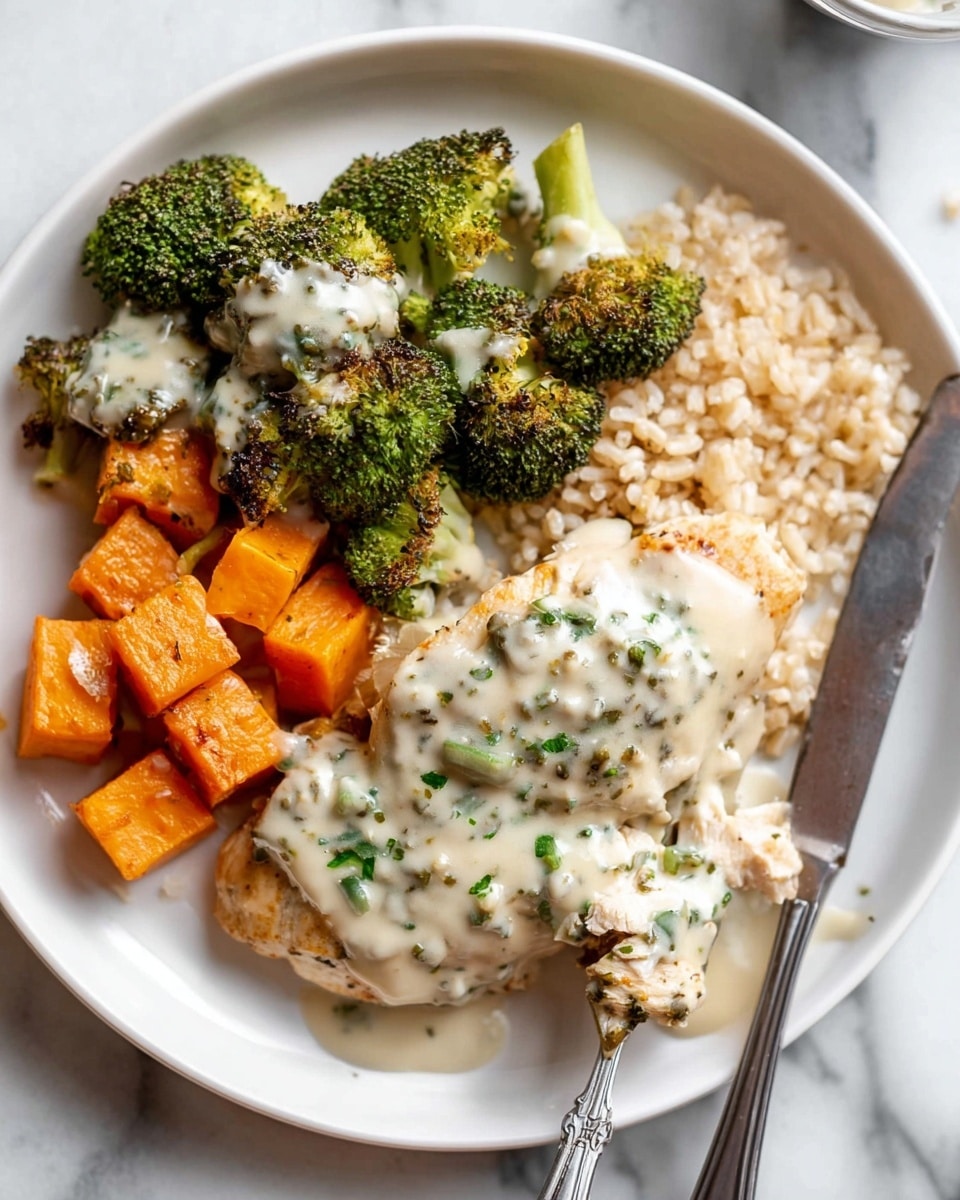 A white plate holds a meal with three main layers: the bottom layer is light brown cooked rice, slightly sticky and spread across the right side of the plate; on top of the rice and slightly overlapping is a portion of bright green roasted broccoli with a few charred spots, covered lightly with a creamy white sauce; next to the broccoli are orange cubes of cooked sweet potato, also topped with the same white sauce. In front, covering the lower left of the plate, is a piece of cooked chicken smothered in a thick, white herb sauce with small green flecks sprinkled on top. A silver fork is placed near the chicken with its tip touching the sauce, and a silver knife with some white sauce on the blade is resting on the plate's edge on the right side. The plate sits on a white marbled surface. Photo taken with an iphone --ar 4:5 --v 7