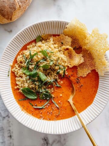 Creamy Tomato Soup with Toasted Quinoa and Crispy Asiago Recipe