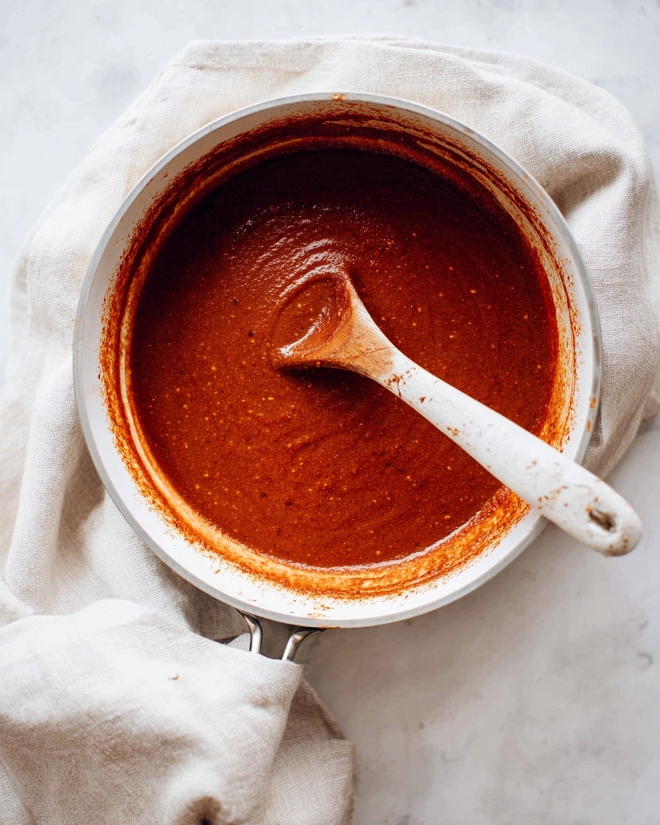 A round white pan holds smooth, thick reddish-brown sauce with a slightly shiny surface, which is being stirred by a white spoon with a wooden handle showing some sauce stains. The pan sits on a soft white cloth over a white marbled surface. Photo taken with an iphone --ar 4:5 --v 7