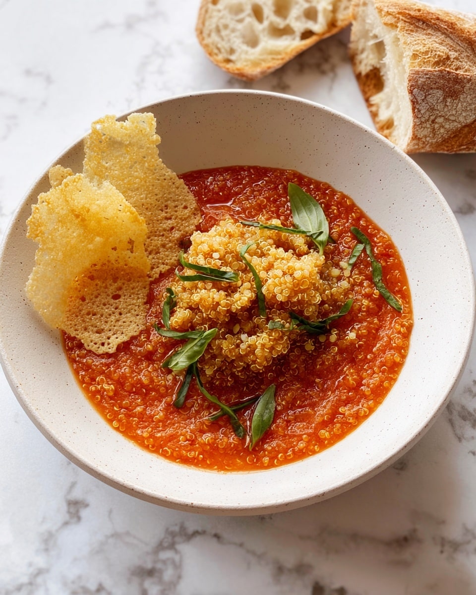 A round white bowl holds three layers: the bottom is a smooth, bright red-orange sauce spread evenly, topped with a cluster of fluffy, light golden quinoa grains piling in the center, and scattered thin green basil strips adding fresh contrast. On one side of the quinoa, a few pale yellow, lacy, crispy cheese crisps stand upright, adding texture differences. The bowl sits on a white marbled surface with two pieces of crusty light brown bread placed nearby, one broken open to show its airy inside. photo taken with an iphone --ar 4:5 --v 7