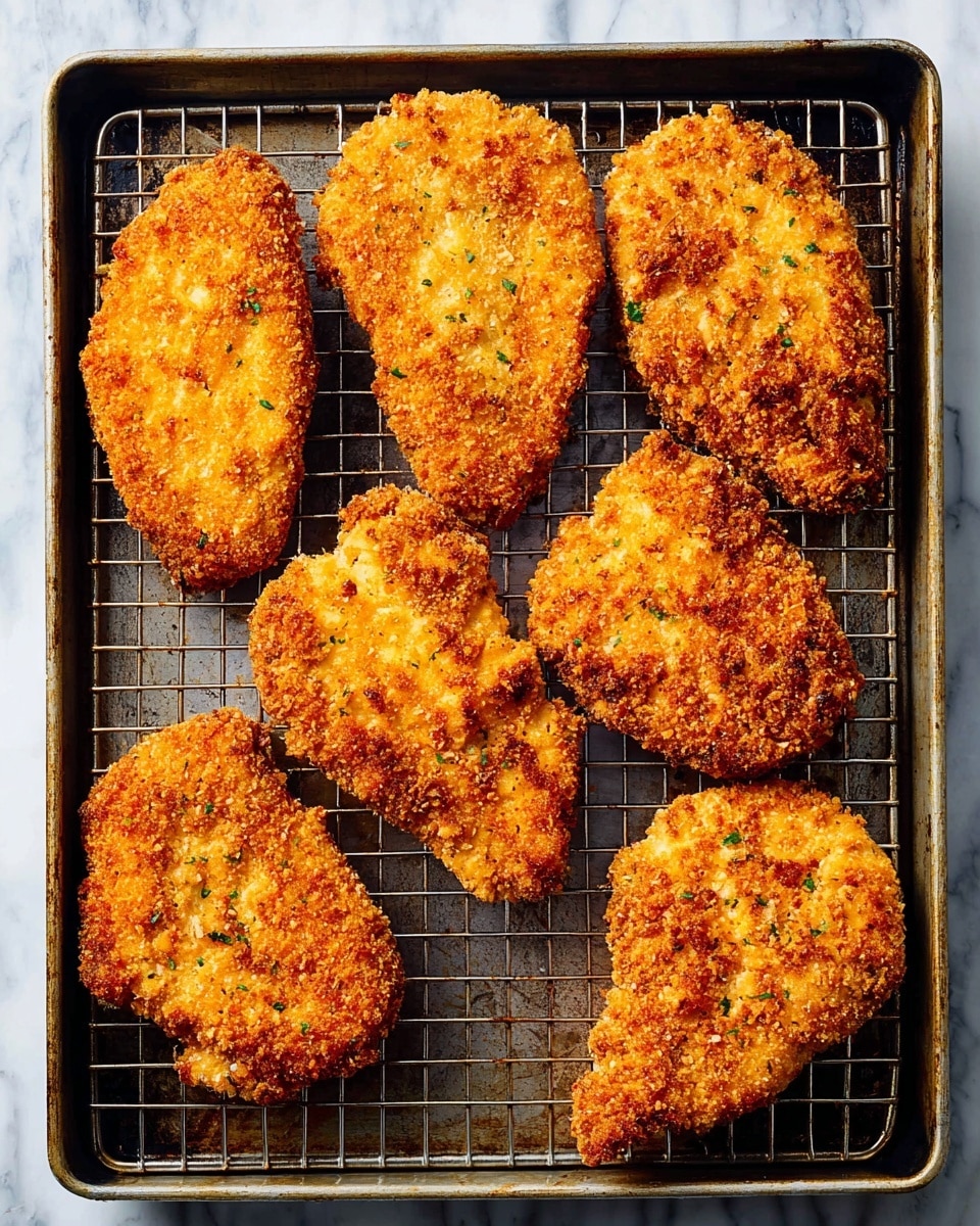 Six pieces of golden brown breaded fried chicken are arranged neatly on a wire rack placed inside a dark metal baking tray. Each piece has a rough, crispy texture with small green herb bits visible in the coating. The color varies from bright golden to deeper brown at the edges, showing a crunchy finish. The background surface under the tray is a white marbled texture. photo taken with an iphone --ar 4:5 --v 7