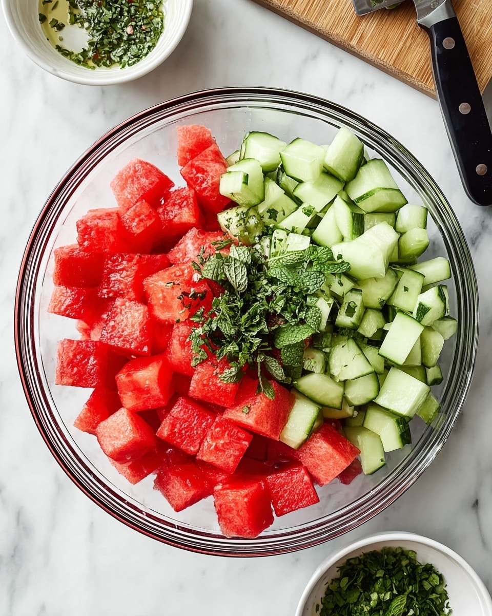 A clear glass bowl sits on a white marble surface, filled with three main layers: bright red watermelon cubes on the left and top side, pale green cucumber cubes on the right side, and a sprinkle of finely chopped dark green mint leaves placed in the center where the watermelon and cucumber meet. The textures show the juicy softness of the watermelon, the crisp firmness of the cucumber, and the leafy texture of the mint. Nearby, a small white bowl contains more chopped mint, and part of a black-handled knife is visible at the top right corner. Photo taken with an iphone --ar 4:5 --v 7