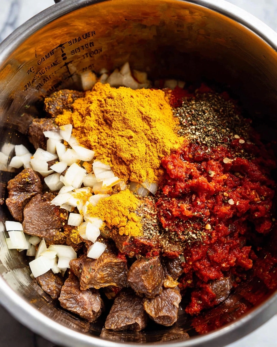 Inside a large stainless steel pot, there are several layers of ingredients: at the bottom, chunks of cooked dark brown meat, topped with small pieces of white onions scattered unevenly; over the onions, a bright yellow layer of turmeric powder spread thickly, adjacent to a mound of crushed red tomatoes mixed with red chili flakes and coarse black pepper sprinkled lightly on top. The pot's inner side has measurement markings with a dull shine, and the overall scene sits on a white marbled surface. photo taken with an iphone --ar 4:5 --v 7