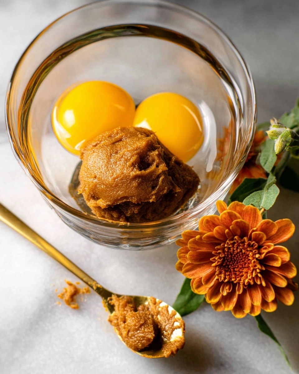 A clear glass bowl holds two bright yellow egg yolks side by side with a thick, textured brown paste placed in front of them, creating a simple but rich color contrast. The bowl is set on a white marbled surface, which brightens the image. Nearby, a gold spoon with some brown paste on it lies on the surface, adding a metallic shine. An orange flower with green leaves sits next to the spoon, adding a warm, natural touch to the scene. The photo taken with an iphone --ar 4:5 --v 7