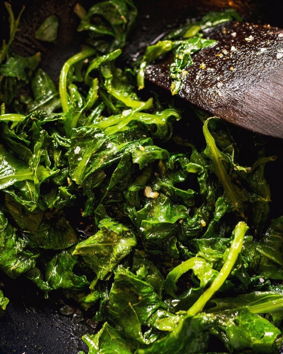 The image shows a close-up of cooked leafy greens with a mix of spinach and arugula, displaying different shades of green from bright to dark. The greens look moist and slightly wilted with some coarse salt sprinkled on top, giving a textured look. A dark wooden spatula is partially visible on the right side, glistening with oil and tiny pieces of greens stuck to it. The dish is in a black pan with a shiny surface, catching light reflections around the edges. Photo taken with an iphone --ar 4:5 --v 7
