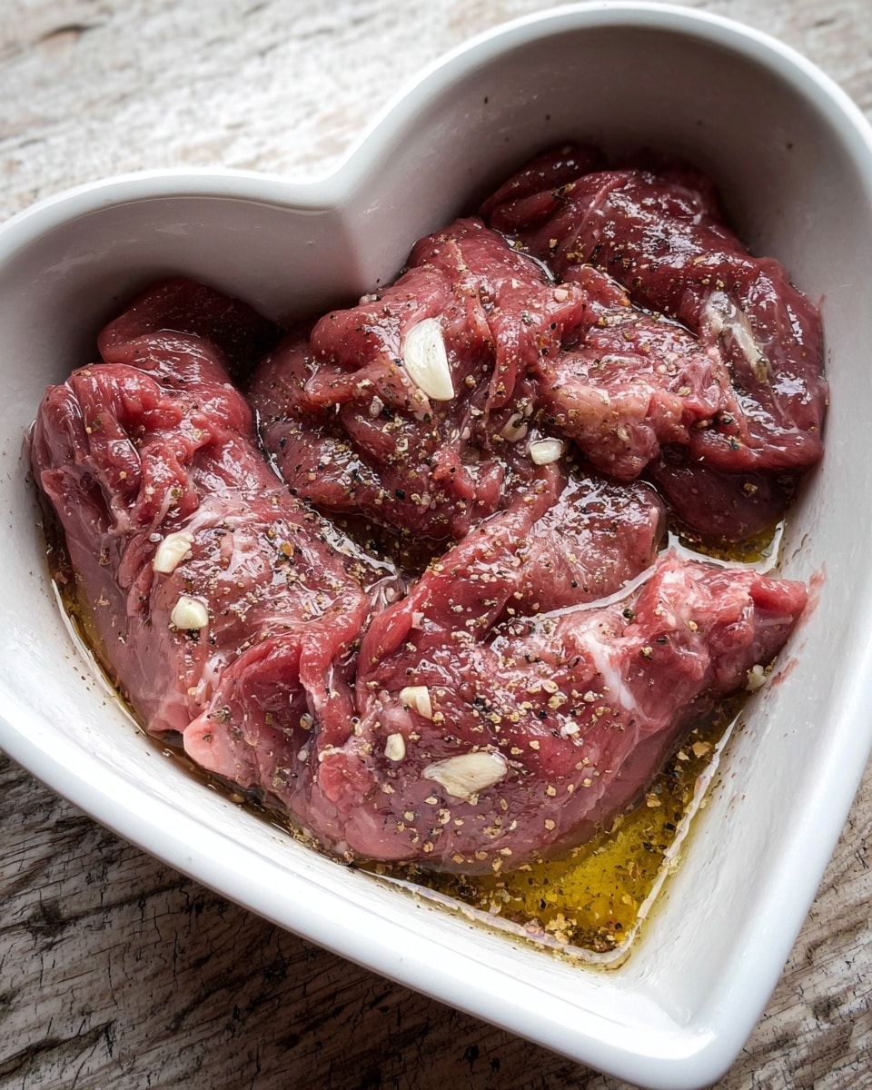 A white heart-shaped dish holds several pieces of raw red meat fully covered in a thin layer of olive oil, with black pepper and small bits of white garlic sprinkled evenly on top. The meat shows smooth textures with some marbled fat, and the oil creates a shiny surface reflecting light. The dish sits on a white marbled texture background. photo taken with an iphone --ar 4:5 --v 7