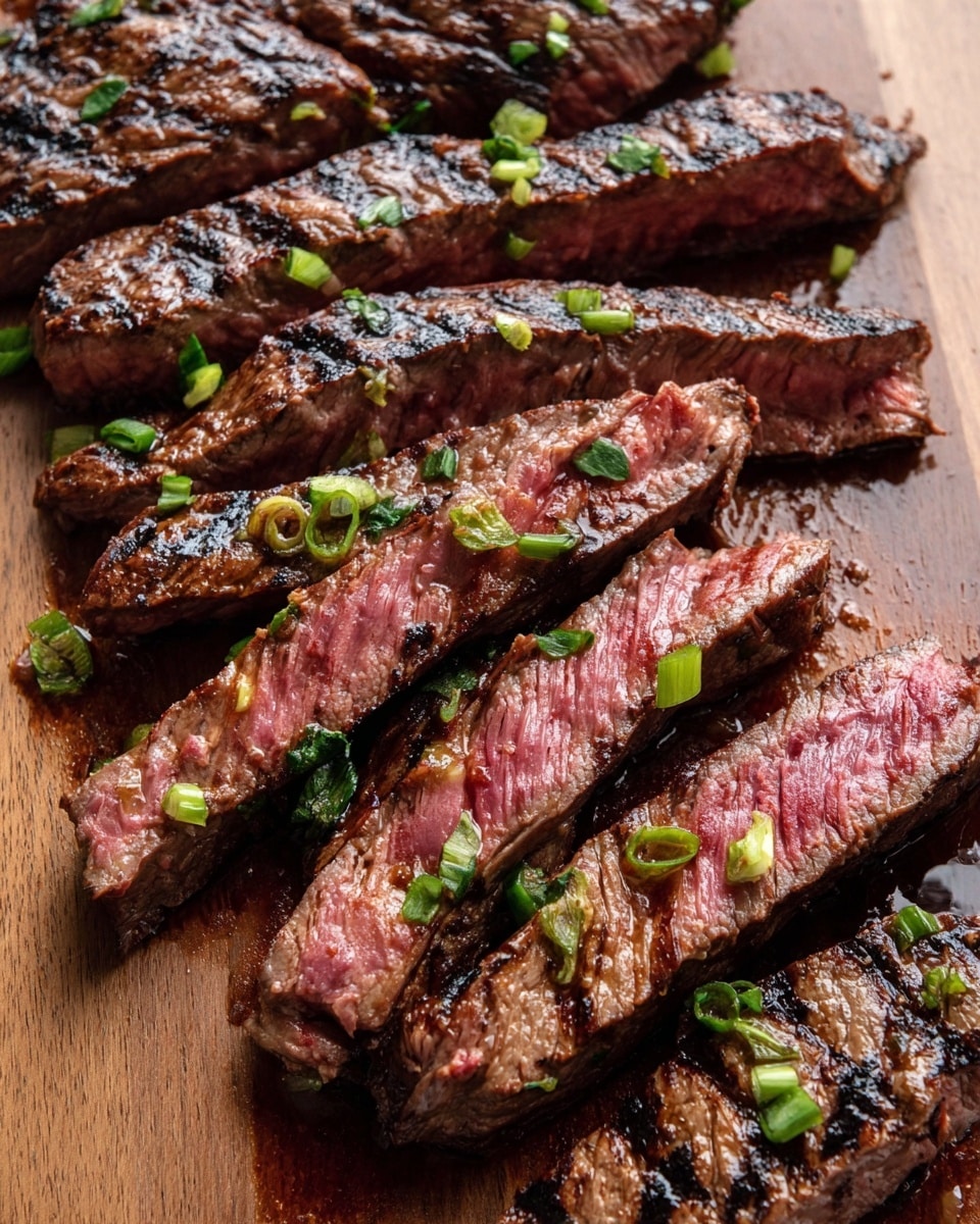 Several thick slices of grilled steak are laid out overlapping on a wooden surface with a white marbled texture added in the background. Each steak slice shows a medium-rare inside with pink centers and slightly charred brown edges, with clear grilled lines on top. Small pieces of green onion and parsley are sprinkled across the steaks, adding a fresh green color contrast with the rich brown meat. The surface beneath is slightly glossy with meat juices. Photo taken with an iphone --ar 4:5 --v 7