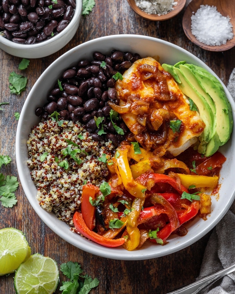 A white bowl filled with a colorful layered dish on a white marbled surface. The base layer on the right half is dark black beans with a slight shine and fresh green cilantro sprinkled on top. On the left side near the bottom, bright slices of red and yellow cooked peppers create a soft texture next to vivid light green slices of fresh avocado with a smooth, slightly glossy surface. The middle layer is a mix of fluffy, light beige and brown quinoa blended with sautéed onions with a golden-brown caramel color and small red bell pepper pieces. On top, there are chunks of white fish with a light golden crust, garnished with small bits of fresh green herbs. Two fresh lime wedges sit at the top left of the bowl, adding a touch of bright green and juice. A silver spoon is inserted in the bowl, lifting a portion of the quinoa and fish. The background has a small wooden bowl with coarse salt and fresh cilantro leaves scattered around. Photo taken with an iphone --ar 4:5 --v 7