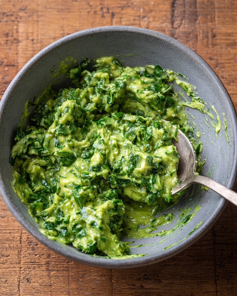 The image shows a close-up of a gray bowl filled with a chunky green mixture that looks soft and creamy with small bits of leafy green herbs throughout. The mixture has a slightly uneven texture with visible pieces and a bright green color mixed with lighter yellow-green areas. A silver spoon is resting inside the bowl, partially covered by the mixture, and some of the mixture is lightly stuck to the sides of the bowl. The bowl sits on a wooden surface. photo taken with an iphone --ar 4:5 --v 7