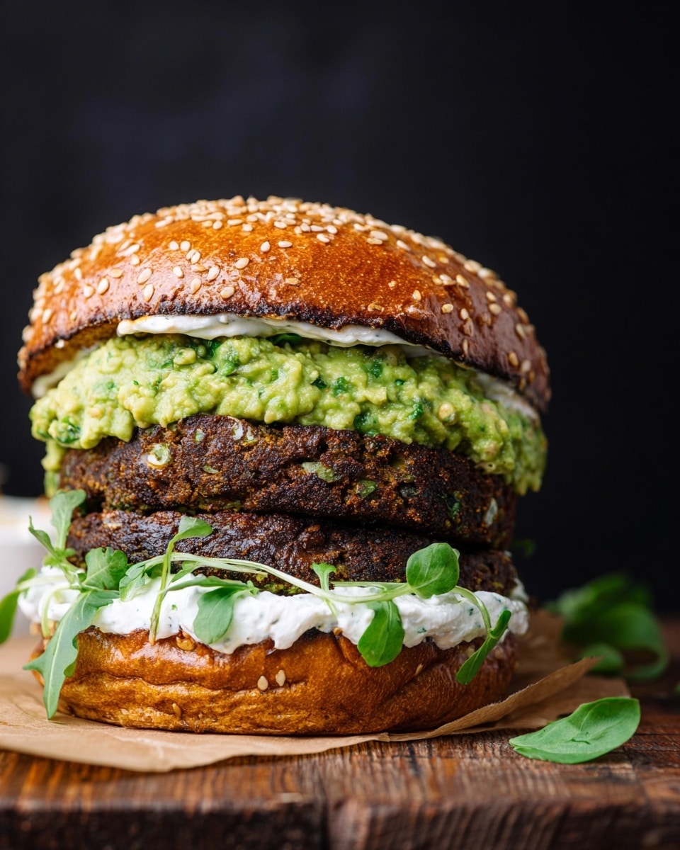 A close-up of a tall sandwich with a shiny sesame seed top bun; underneath is a thick layer of green guacamole mixed with small leafy pieces, resting on two dark brown, textured patties stacked on top of each other. Below the patties is a thick spread of white cream on a shiny sesame seed bottom bun. Some green leafy herbs peek out from the sides. The sandwich sits on a piece of brown paper on a wooden surface, with a few green leaves scattered nearby, against a dark background. photo taken with an iphone --ar 4:5 --v 7