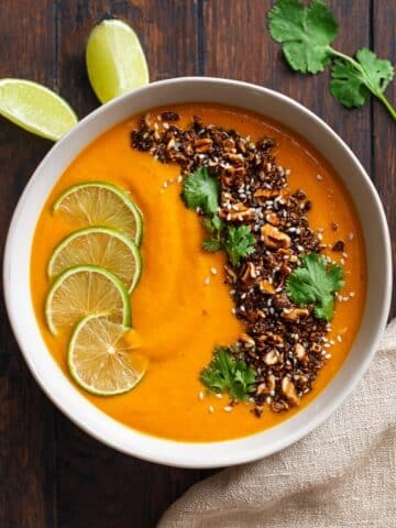 Creamy Miso Sweet Potato Carrot Soup with Crunchy Seed Brittle Recipe