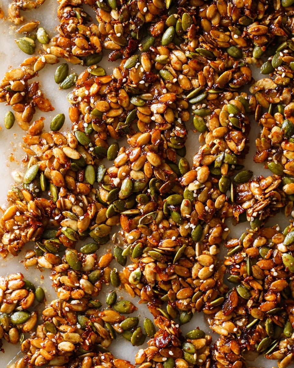 The image shows many pieces of roasted seed clusters spread out on a white marbled surface. Each cluster has a rough mix of green pumpkin seeds, tan sunflower seeds, light brown toasted pine nuts, and small white sesame seeds, caramelized with a sticky, shiny glaze giving the mixture a warm golden brown color with some darker toasted edges. The clusters are uneven in size and shape, with a textured, crunchy look and slight glistening spots from the glaze. The background is white marble, softly lit, highlighting the seeds' natural colors and the glossy finish. photo taken with an iphone --ar 4:5 --v 7