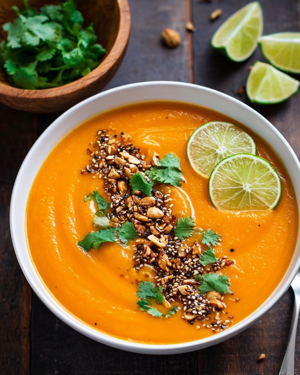 The image shows a white bowl filled with smooth, bright orange soup. On top, there is a line of crunchy roasted seeds and nuts mixed with sesame seeds arranged diagonally across the surface. Fresh green cilantro leaves are scattered along the seed topping, adding a lively color contrast. Two thin lime slices are placed on one side of the bowl, resting slightly on the soup. The bowl sits on a dark wooden surface with a small wooden bowl containing cilantro leaves in the background. The overall look is fresh and vibrant, with a mix of creamy and crunchy textures. photo taken with an iphone --ar 4:5 --v 7