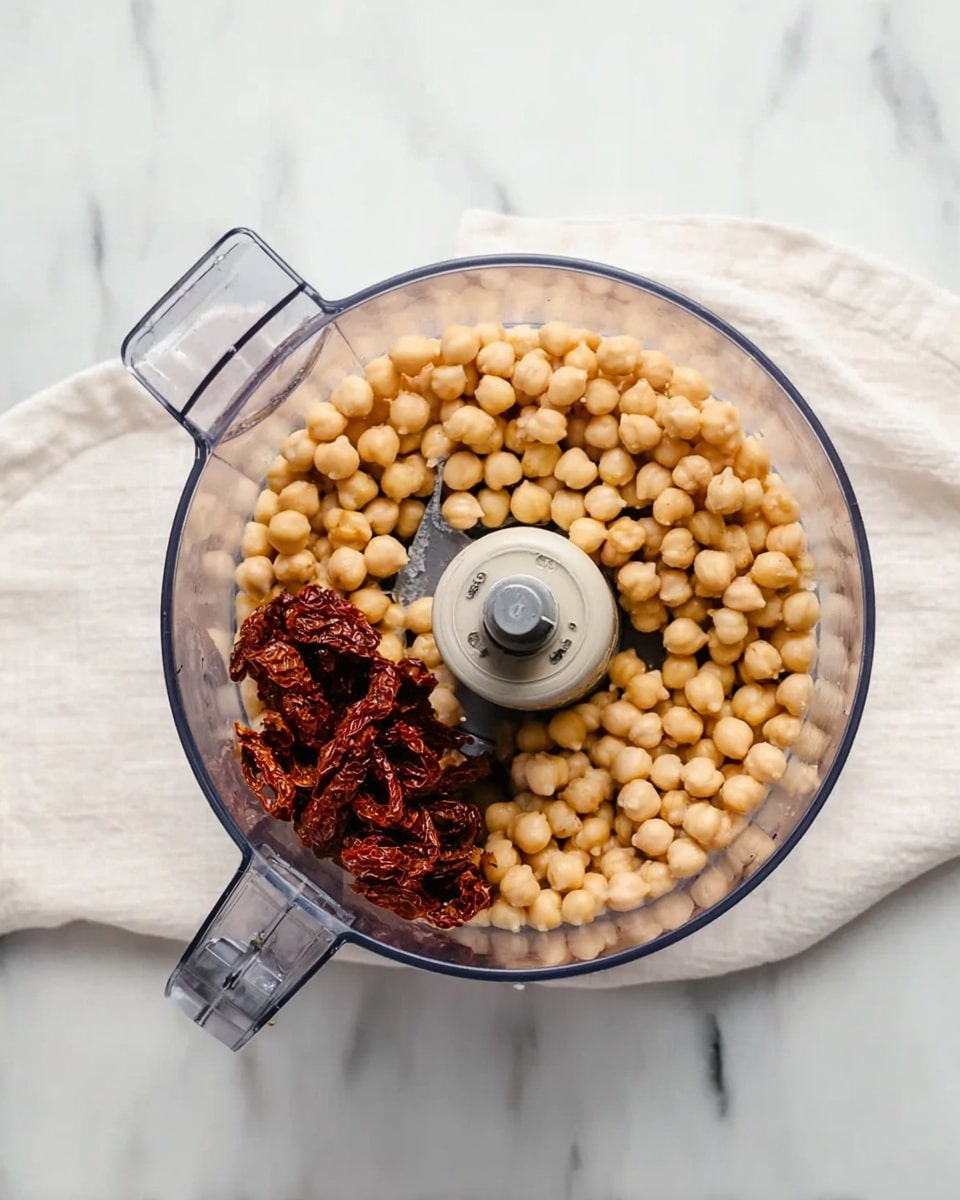 A clear food processor bowl sits on a white marbled surface with a white cloth underneath, filled with light beige chickpeas covering most of the bottom and a small pile of dark red sun-dried tomatoes on one side, showing the sharp metal blade in the center. The clear lid of the bowl is placed to the left on the white marbled surface. Photo taken with an iphone --ar 4:5 --v 7