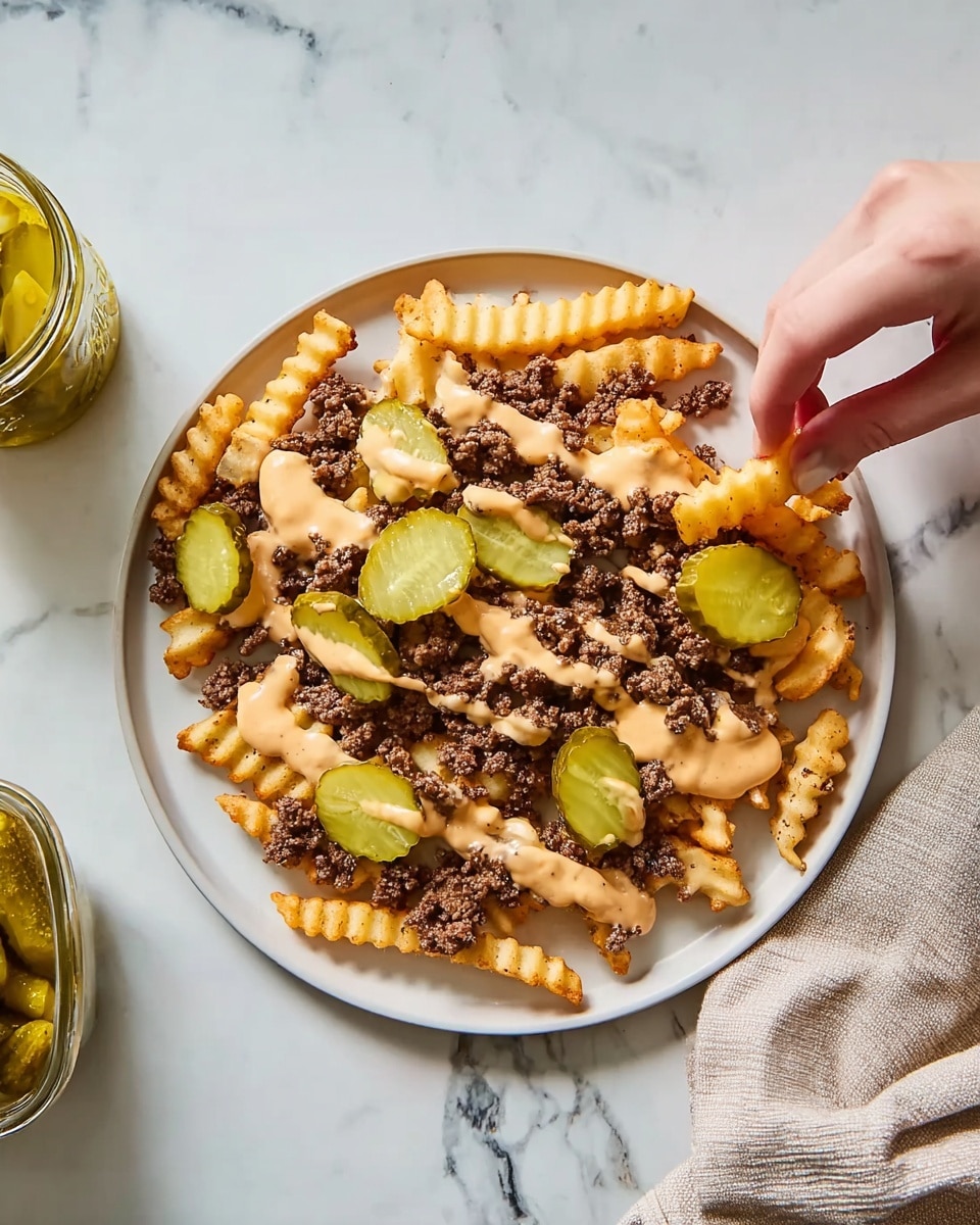 On a round white plate, there is a base layer of golden, crispy fries spread unevenly. On top of the fries, there is a thick layer of dark brown cooked ground meat scattered over most of the fries. Drizzled in a zigzag pattern over the meat and fries is a creamy, light tan sauce. Large, bright green pickle slices are placed evenly on top, adding a pop of color. The plate is set on a white marbled surface with a black skillet containing more cooked ground meat and a wooden spoon to the right side. Photo taken with an iphone --ar 4:5 --v 7