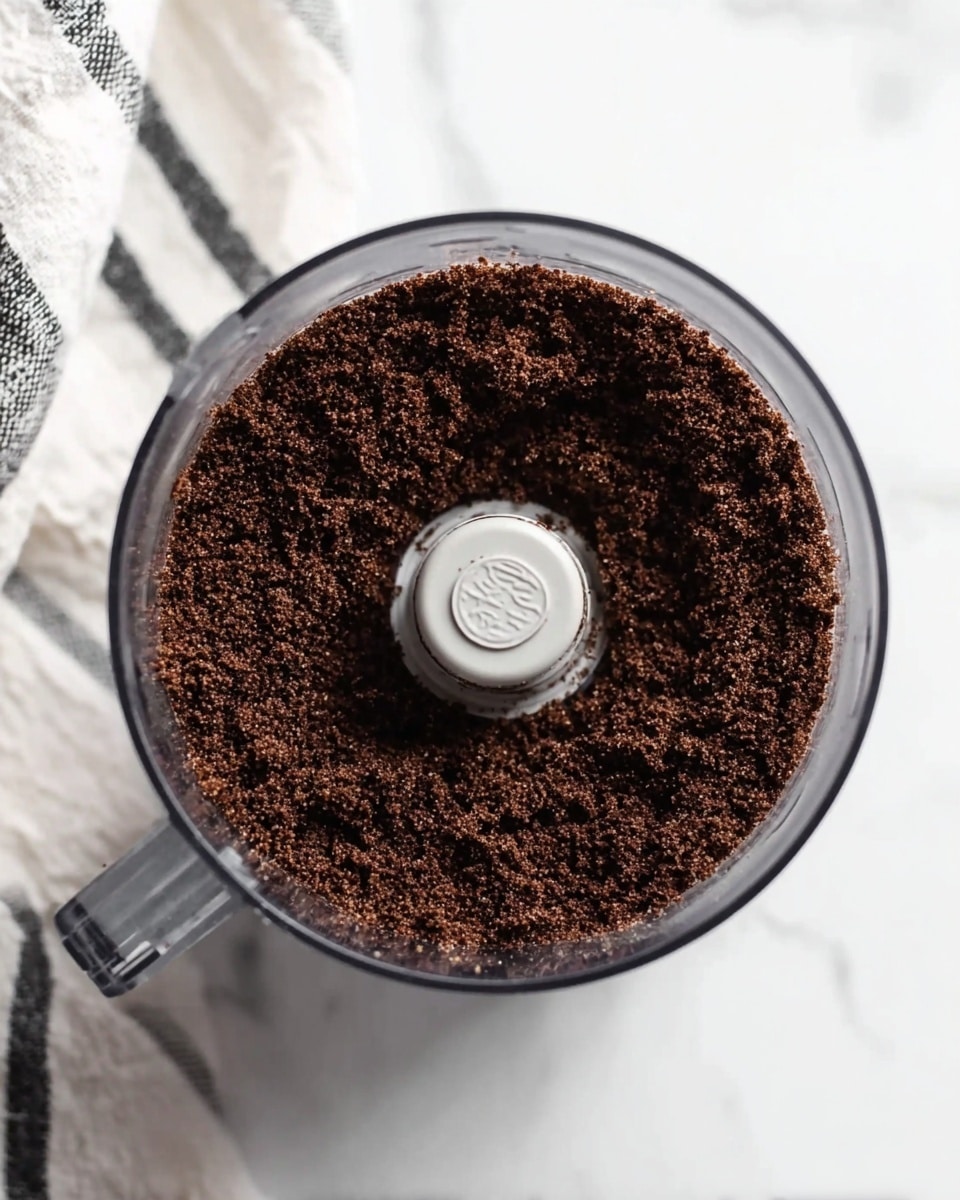 The image shows a top view of a clear food processor bowl filled with a single layer of dark brown, finely ground crumbly mixture. The texture looks soft but slightly uneven with small chunks visible. The bowl is placed on a white marbled surface that has soft grey veins running through it. Part of a white cloth with black stripes can be seen at the top left edge of the frame. Photo taken with an iphone --ar 4:5 --v 7