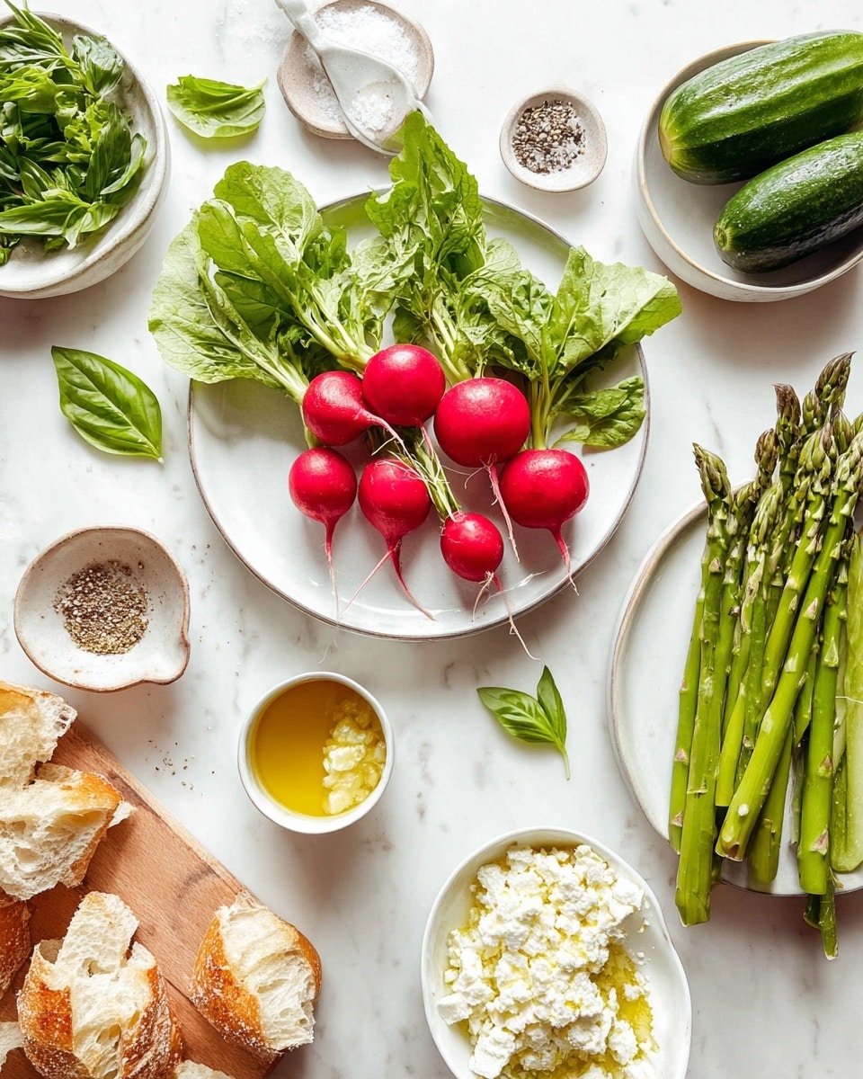 The image shows a variety of fresh ingredients neatly arranged on a white marbled surface. In the center, there is a white plate with five bright red radishes with green tops. To the right, a white plate holds a bunch of green asparagus spears and three small green cucumbers. At the bottom right, a white bowl is filled with crumbly white cheese next to a small white bowl containing a yellow dressing with chunks, and a white spoon resting in it. On the left side, a white plate holds torn pieces of bread next to a small cup of golden olive oil. Fresh green leaves of basil and herbs are scattered around the scene, with a small white bowl of mixed green herbs at the top left. Above the radishes, two small dishes contain coarse salt and ground pepper. The whole setup is bright and clean, with fresh colors and simple textures. Photo taken with an iphone --ar 4:5 --v 7