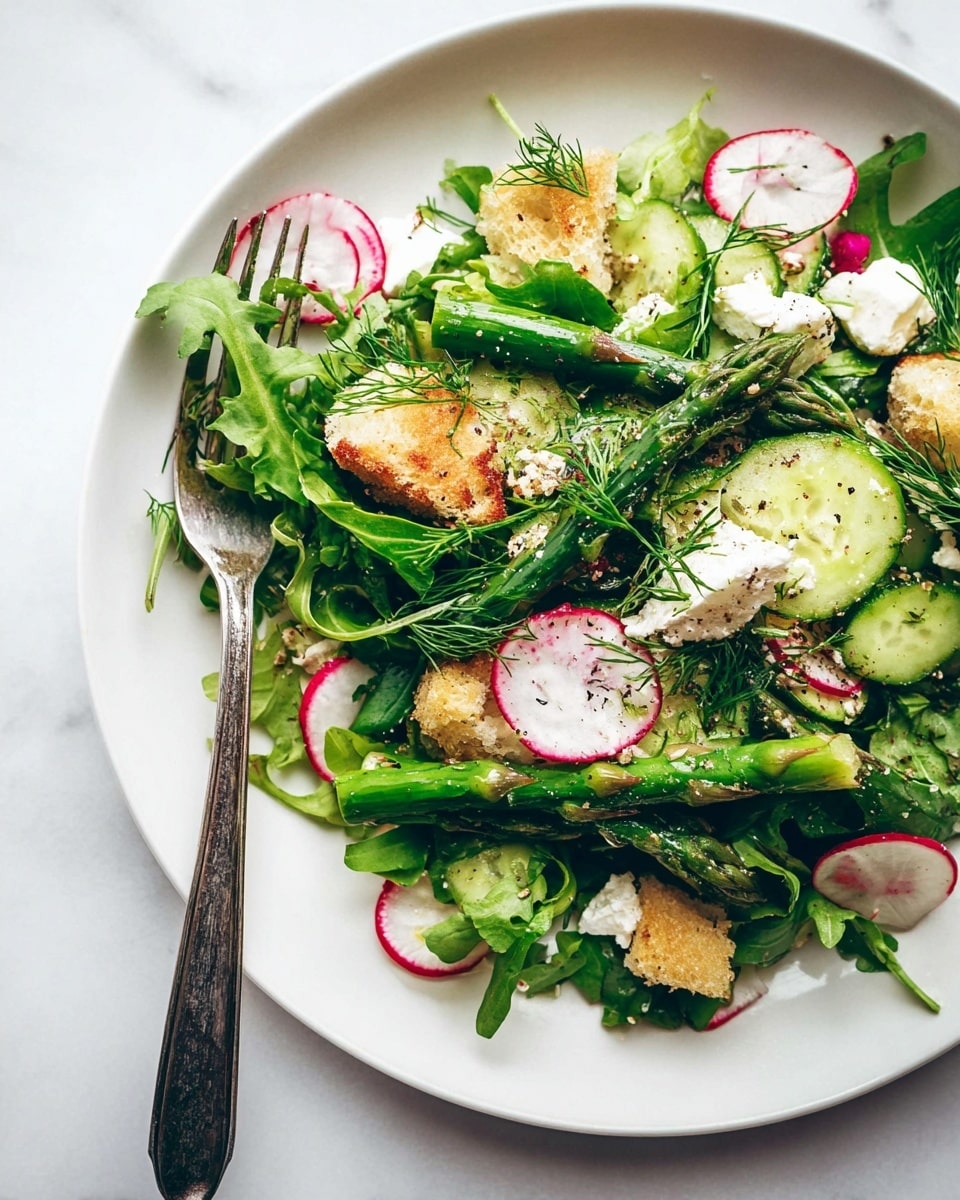 A fresh salad is shown in a white bowl placed on a white marbled surface. The salad has a layer of dark green leafy spinach and arugula at the base, topped with bright green asparagus spears and thin, round slices of cucumber that have smooth, light green skin and pale flesh. There are also slices of radish with white centers and red edges spread evenly around the bowl. Scattered crunchy light golden croutons sit on top, mixed with small bits of white cheese. The salad is sprinkled with chopped herbs, finely diced red onions, and a few black pepper flakes, giving it a detailed texture and colorful look. A woman's hand holding a fork with some salad is at the bottom left corner. A small bowl of yellow dressing is on the top right edge of the image. photo taken with an iphone --ar 4:5 --v 7