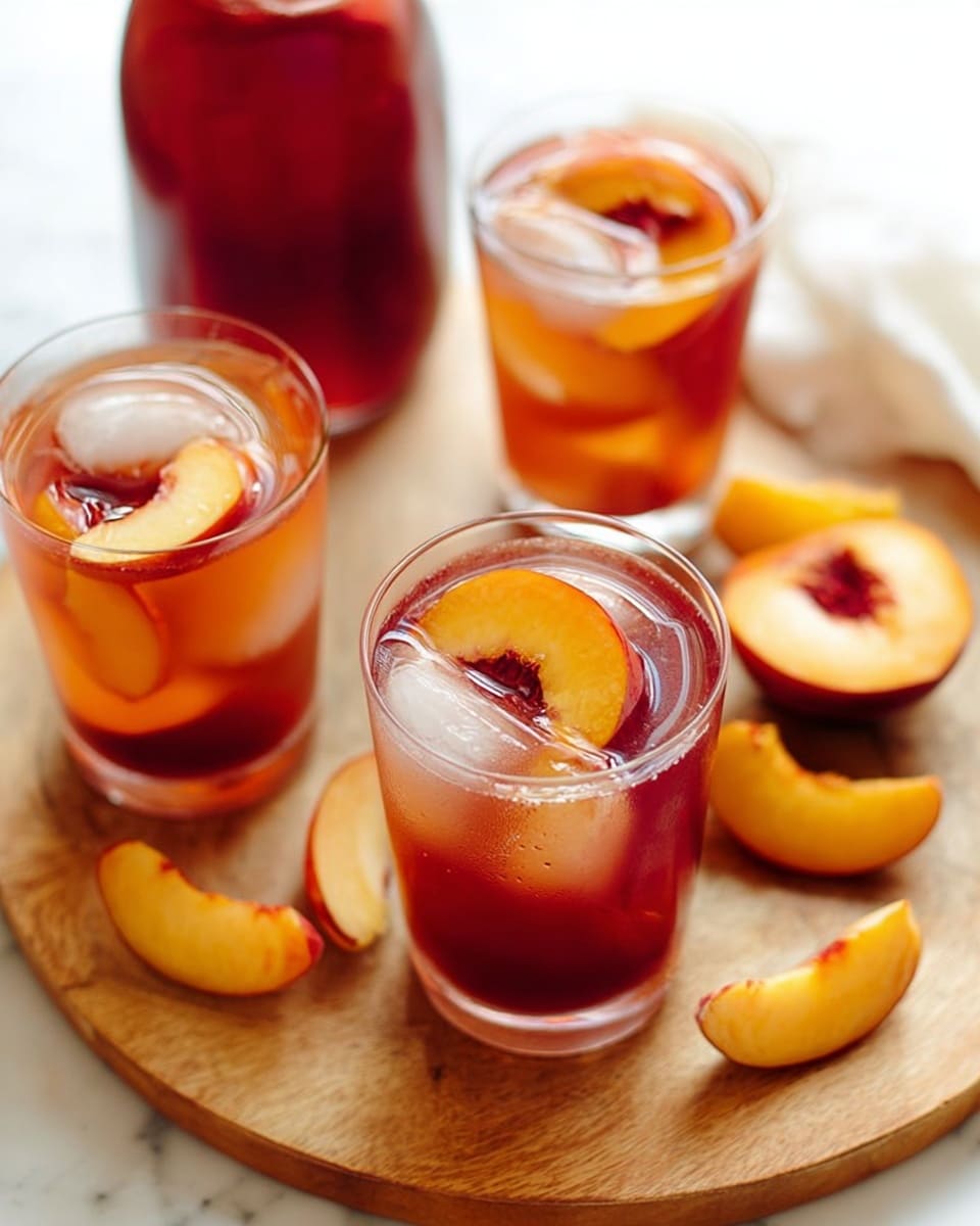 The image shows a tall clear glass filled with dark orange iced tea, with large ice cubes floating on top and a slice of peach inside near the bottom. A woman's hand is pouring light pinkish peach syrup from a glass bottle into the iced tea. In the background, there is another tall glass with the same iced tea and ice cubes, and fresh peach halves with deep orange flesh and the stone in the middle are placed on a round wooden board under the glass on a white marbled surface. The colors are bright, warm, and fresh. Photo taken with an iphone --ar 4:5 --v 7