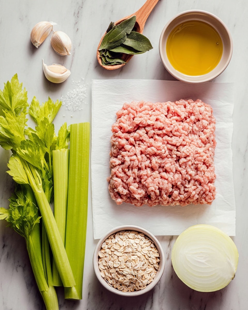 The image shows a flat layer of raw ground pink meat on a white paper sheet, placed on a white marbled surface. To the right, there are three small bowls in a vertical line, the top one containing green leafy herbs, the middle one filled with a golden yellow liquid, and the bottom one holding beige dry oats. At the top left, three garlic cloves and a small wooden spoon with white coarse salt sit on the white marbled surface. Below the paper with meat, three green celery stalks are laid horizontally. At the lower right corner, there is a half of a white onion with a pale yellow center. Photo taken with an iphone --ar 4:5 --v 7