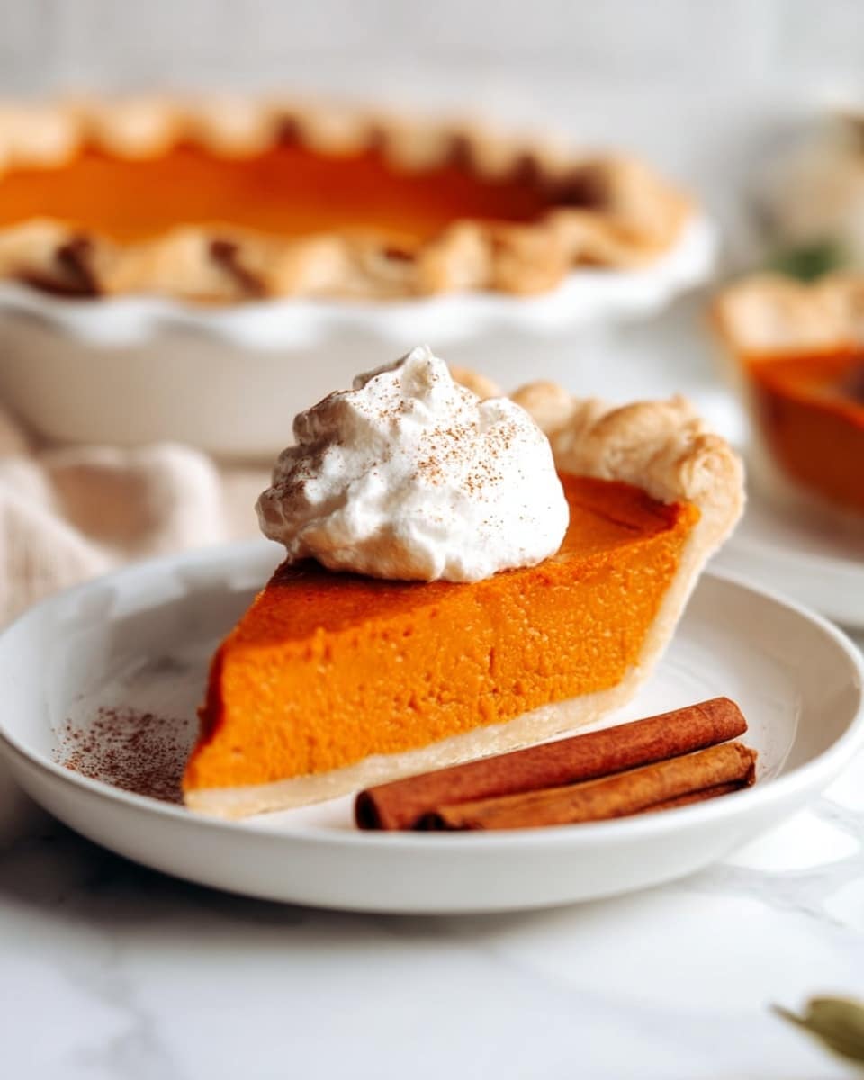 A slice of pumpkin pie is shown on a white plate resting on a white marbled surface. The pie has three visible layers: a light golden-brown crust at the bottom with a slightly crumbly texture, a thick bright orange pumpkin filling in the middle that looks smooth and dense, and a fluffy white whipped cream topping generously placed in a swirl on top, sprinkled with a light dusting of cinnamon. A cinnamon stick is positioned beside the pie slice on the plate. The background is a soft pink color. Photo taken with an iphone --ar 4:5 --v 7