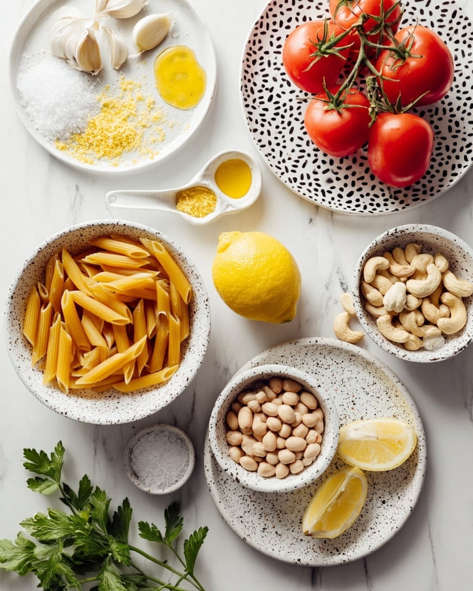A top-down view shows a collection of cooking ingredients on a white marbled surface, each placed in small white bowls with speckled designs or on white plates. At the center left is a bowl filled with dry penne pasta, its orange-yellow color standing out. Below it is a bowl of pale beige cannellini beans. To the right is a speckled white plate holding one whole yellow lemon and three lemon wedges. Above this are whole cashews in another speckled white bowl. In the upper right corner, ripe red tomatoes still on their green vine rest inside a small white bowl with a black zigzag pattern. A white round plate at the top left holds three garlic cloves, a lemon wedge, a spoon with yellow lemon zest, and half of a halved cherry tomato. Two small spoons, one with coarse salt and the other with yellow liquid oil, are placed near the center. Fresh green parsley lies at the bottom left corner. Photo taken with an iphone --ar 4:5 --v 7