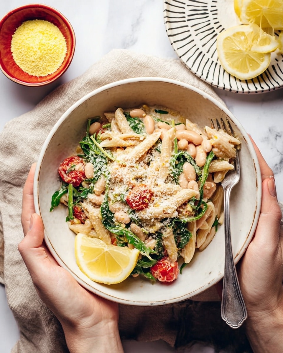 A white bowl filled with creamy penne pasta layered with wilted green spinach and pieces of bright red roasted tomatoes, all topped with a sprinkle of light brown grated cheese. A wedge of yellow lemon sits on the edge of the pasta in the bowl, with a silver fork placed to the right inside the bowl. The bowl rests on a soft brown cloth on a white marbled surface, with a green glass and part of a black and white patterned plate containing another lemon wedge visible in the background. Photo taken with an iphone --ar 4:5 --v 7