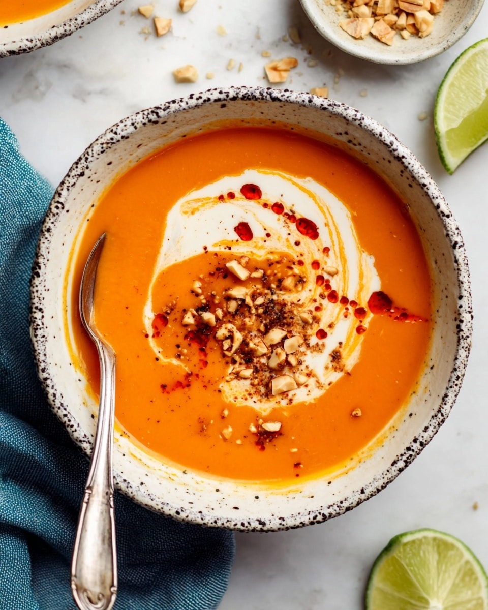 A white bowl with black speckles is filled with smooth orange soup as the bottom layer. On top, there is a swirl of thick white cream covering about a quarter of the soup surface, and cracks of dark red sauce scattered around in a swirl. The creamy layer is sprinkled with coarse chopped light brown nuts in the center. A silver spoon is resting inside the bowl on the left side, with its handle touching a blue cloth below the bowl. The entire bowl is set on a white marbled surface, with parts of other dishes and lime wedges visible around the edges. Photo taken with an iphone --ar 4:5 --v 7