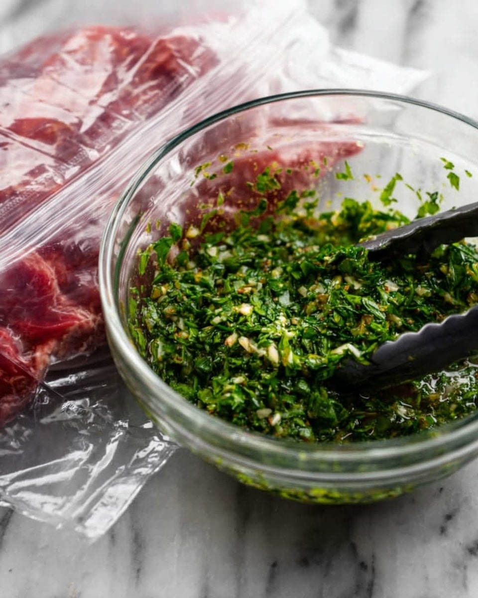 A clear glass bowl filled with finely chopped green herbs mixed with some small light-colored bits sits on a white marbled surface. A plastic bag with raw red meat inside is partially open next to the bowl, with a pair of black tongs holding the bag. The focus is on the fresh herb mixture ready to be used as a marinade or topping. Photo taken with an iphone --ar 4:5 --v 7