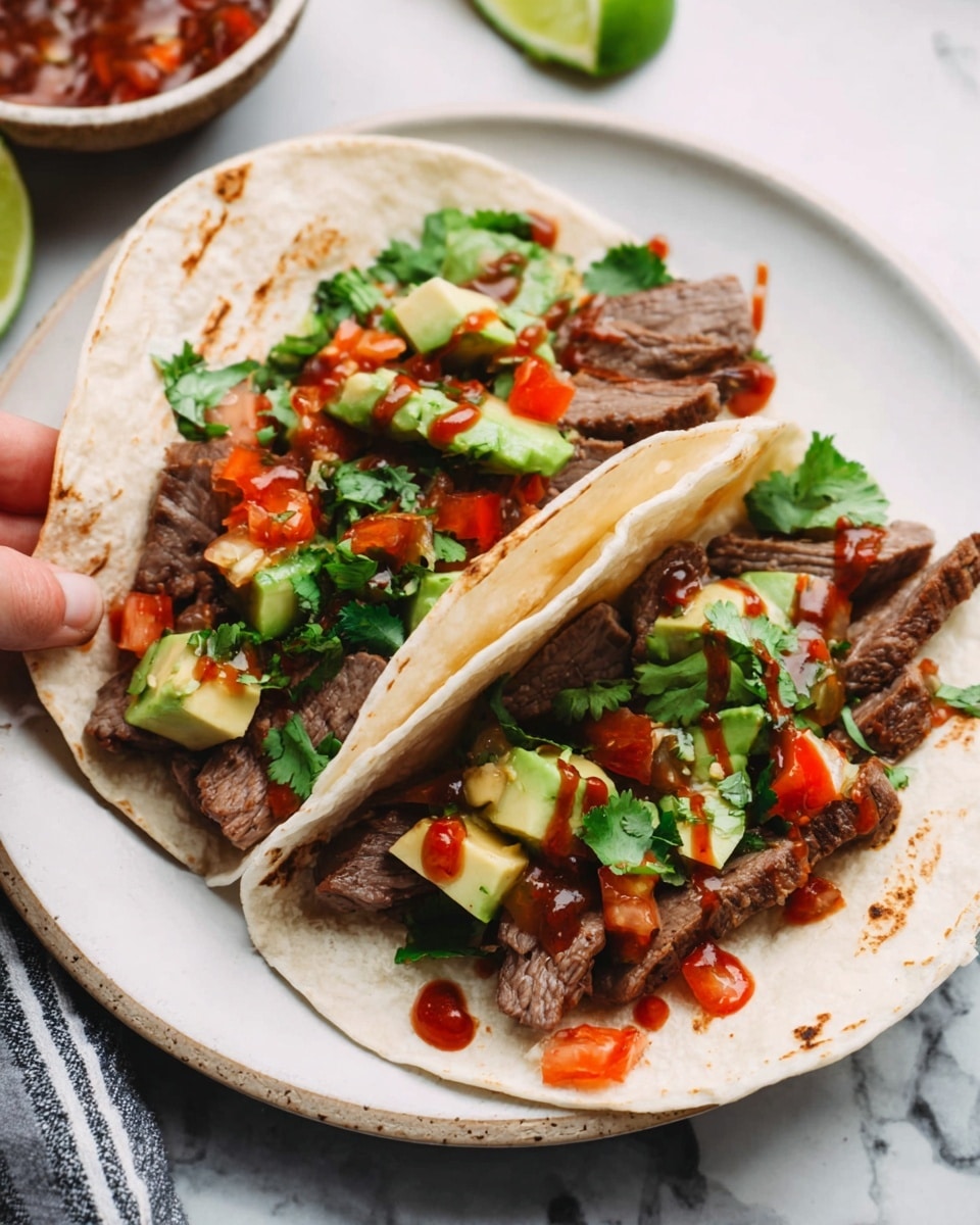 Two soft white tortillas lie side by side on a white plate with a white marbled surface below. Each tortilla is filled with thin slices of cooked brown grilled meat on the bottom layer, topped with small bright green avocado cubes, fresh green cilantro leaves, and a sprinkling of red diced tomatoes. Dollops of dark red sauce are drizzled over the top, adding contrast. A woman's hand holds one of the tortillas, ready to pick it up. There are lime wedges partially visible nearby. Photo taken with an iphone --ar 4:5 --v 7