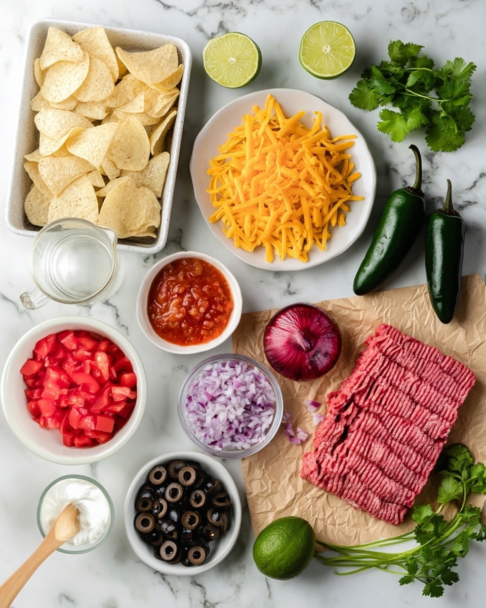 The image shows several white bowls and a white tray on a white marbled surface, holding different ingredients for a dish. There is a tray filled with light yellow tortilla chips at the top left, a plate with shredded bright orange cheese at the center, a bowl of red diced tomatoes on the bottom left, and a bowl of black sliced olives at the bottom right. Next to the tomatoes is a small wooden spoon with white sour cream, and next to the cheese is an intact red onion and some chopped purple onion pieces. Raw pink ground meat is placed on brown parchment paper near the middle right side. A whole green jalapeno, a fresh lime, some green cilantro leaves, and a glass of water also lie scattered on the white marbled surface. Photo taken with an iphone --ar 4:5 --v 7