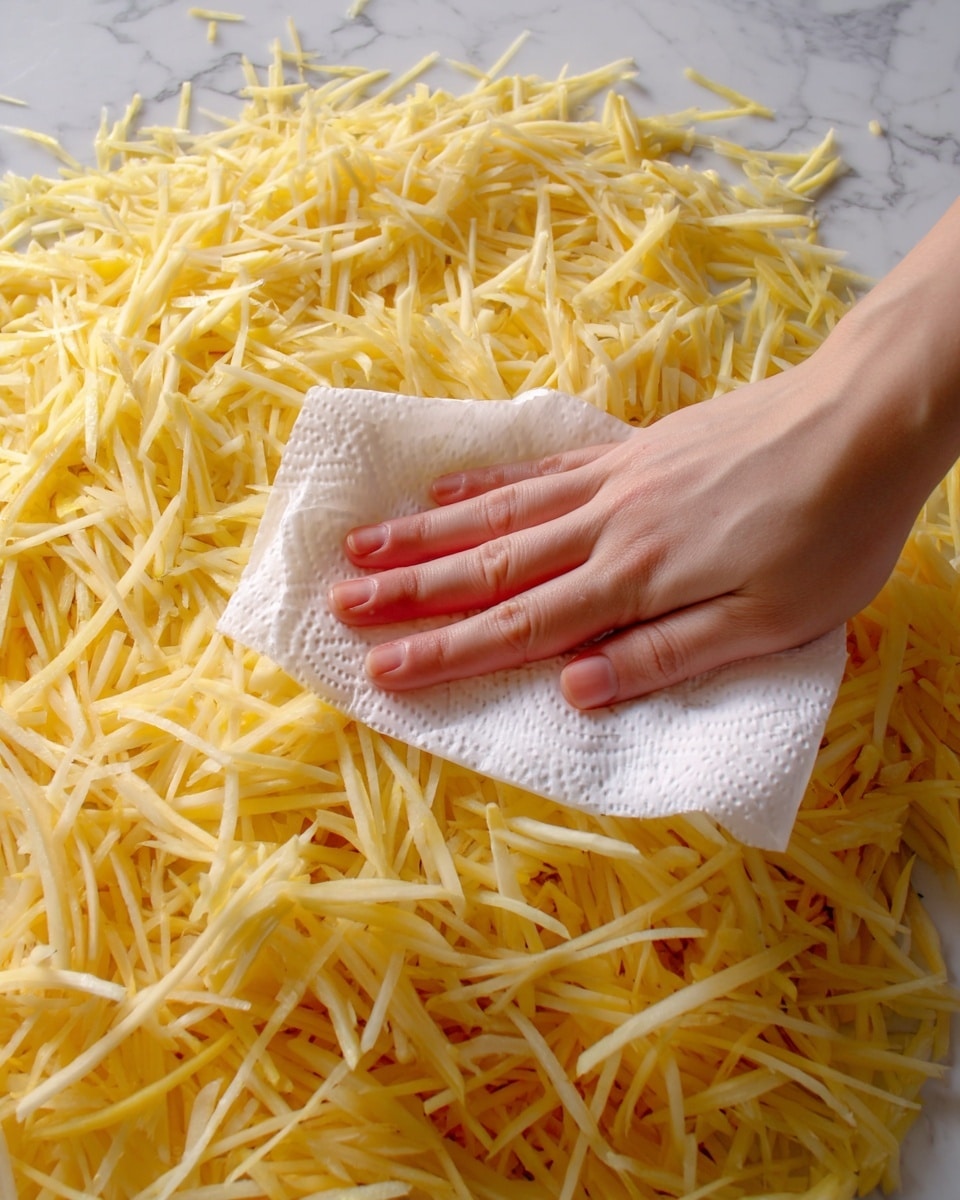 A close-up image showing a woman's hand pressing a white paper towel on a large pile of thin, yellow potato strips spread out flat. The potatoes have a slightly glossy texture and are layered densely across a white marbled surface. The hand is positioned near the upper right side, gently blotting the potatoes to remove moisture. Photo taken with an iphone --ar 4:5 --v 7
